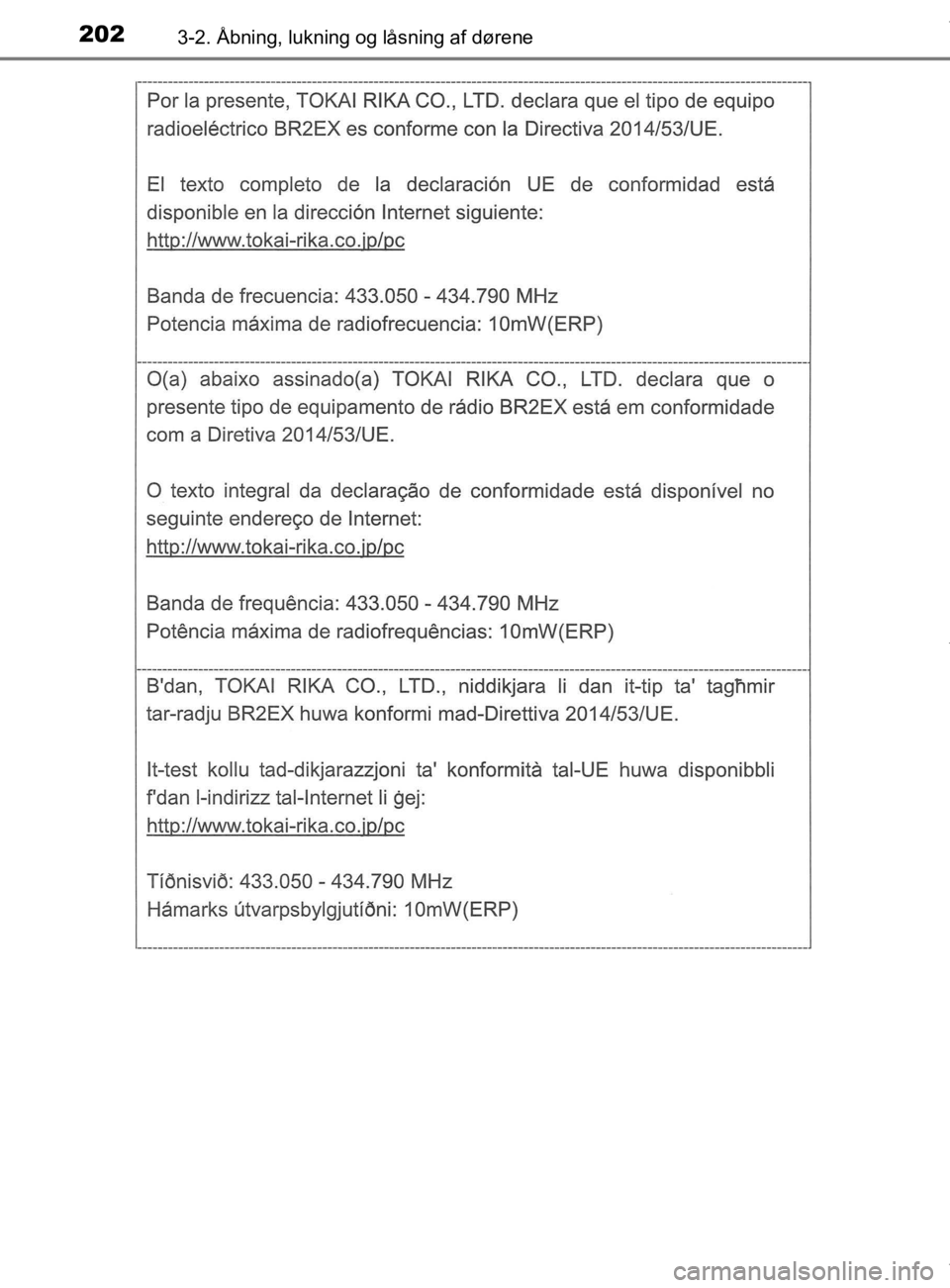 TOYOTA CAMRY 2019  Brugsanvisning (in Danish) 2023-2. Åbning, lukning og låsning af dørene
OM33E11DK
OM33E11DK.book  Page 202  Monday, March 9, 2020  1:49 PM 