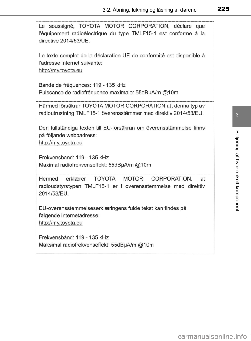 TOYOTA CAMRY 2019  Brugsanvisning (in Danish) 2253-2. Åbning, lukning og låsning af dørene
OM33E11DK
3
Betjening af hver enkelt komponent
OM33E11DK.book  Page 225  Monday, March 9, 2020  1:49 PM 