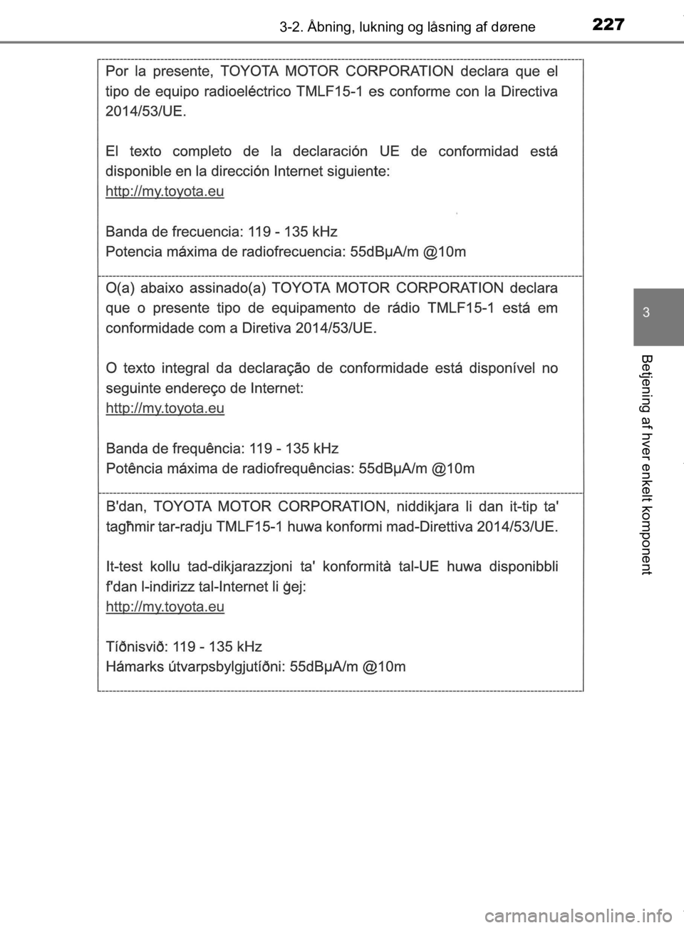 TOYOTA CAMRY 2019  Brugsanvisning (in Danish) 2273-2. Åbning, lukning og låsning af dørene
OM33E11DK
3
Betjening af hver enkelt komponent
OM33E11DK.book  Page 227  Monday, March 9, 2020  1:49 PM 