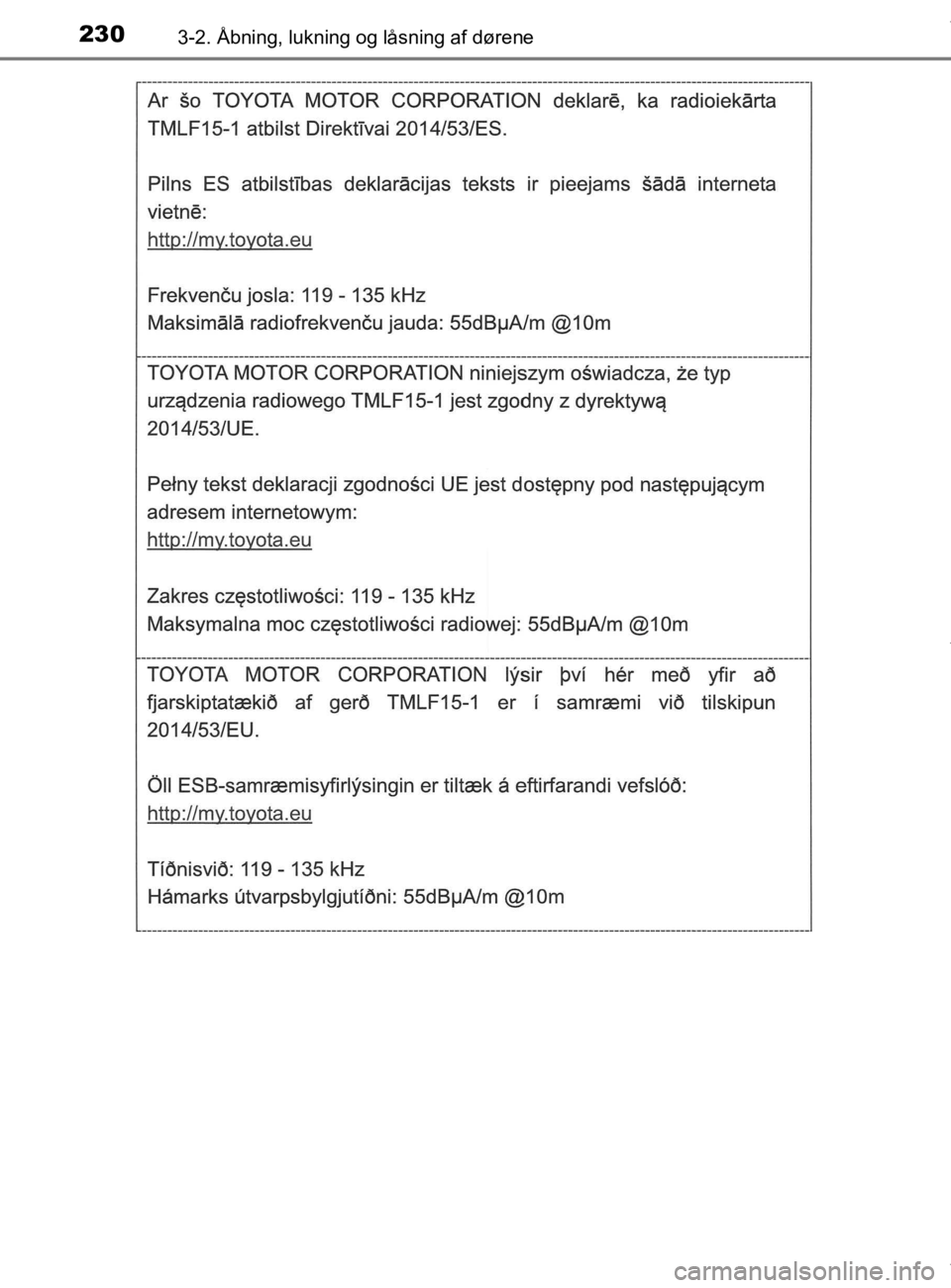 TOYOTA CAMRY 2019  Brugsanvisning (in Danish) 2303-2. Åbning, lukning og låsning af dørene
OM33E11DK
OM33E11DK.book  Page 230  Monday, March 9, 2020  1:49 PM 