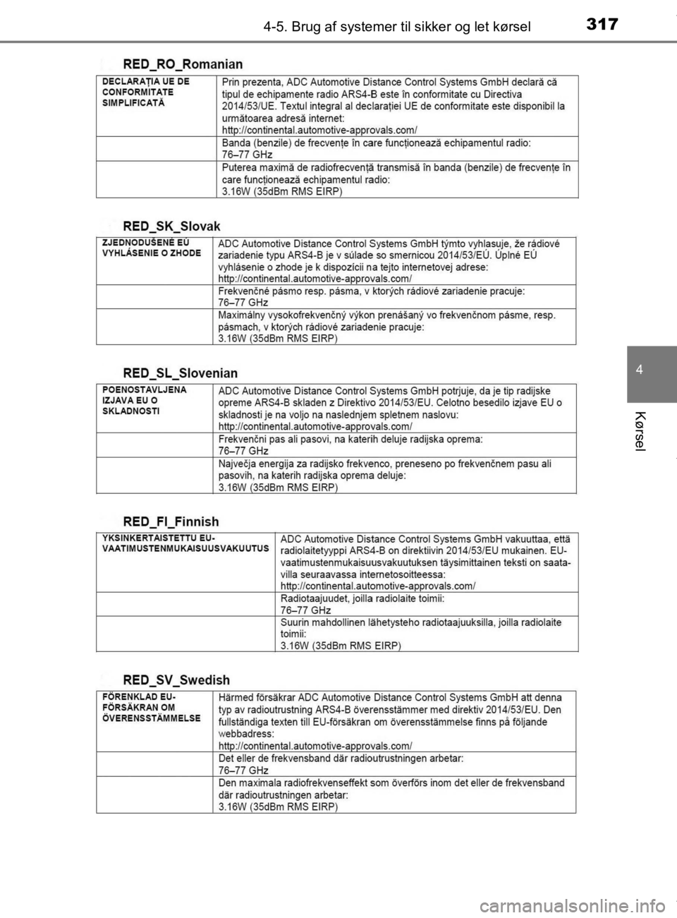 TOYOTA CAMRY 2019  Brugsanvisning (in Danish) 3174-5. Brug af systemer til sikker og let kørsel
OM33E11DK
4
Kørsel
OM33E11DK.book  Page 317  Monday, March 9, 2020  1:49 PM 