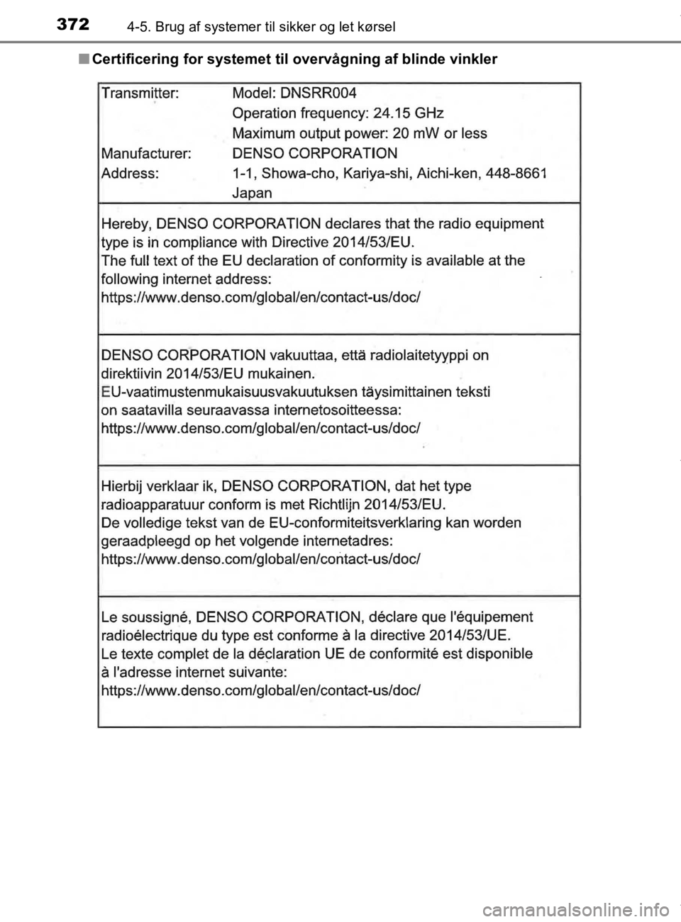 TOYOTA CAMRY 2019  Brugsanvisning (in Danish) 3724-5. Brug af systemer til sikker og let kørsel
OM33E11DKn
Certificering for systemet til overvågning af blinde vinkler
OM33E11DK.book  Page 372  Monday, March 9, 2020  1:49 PM 