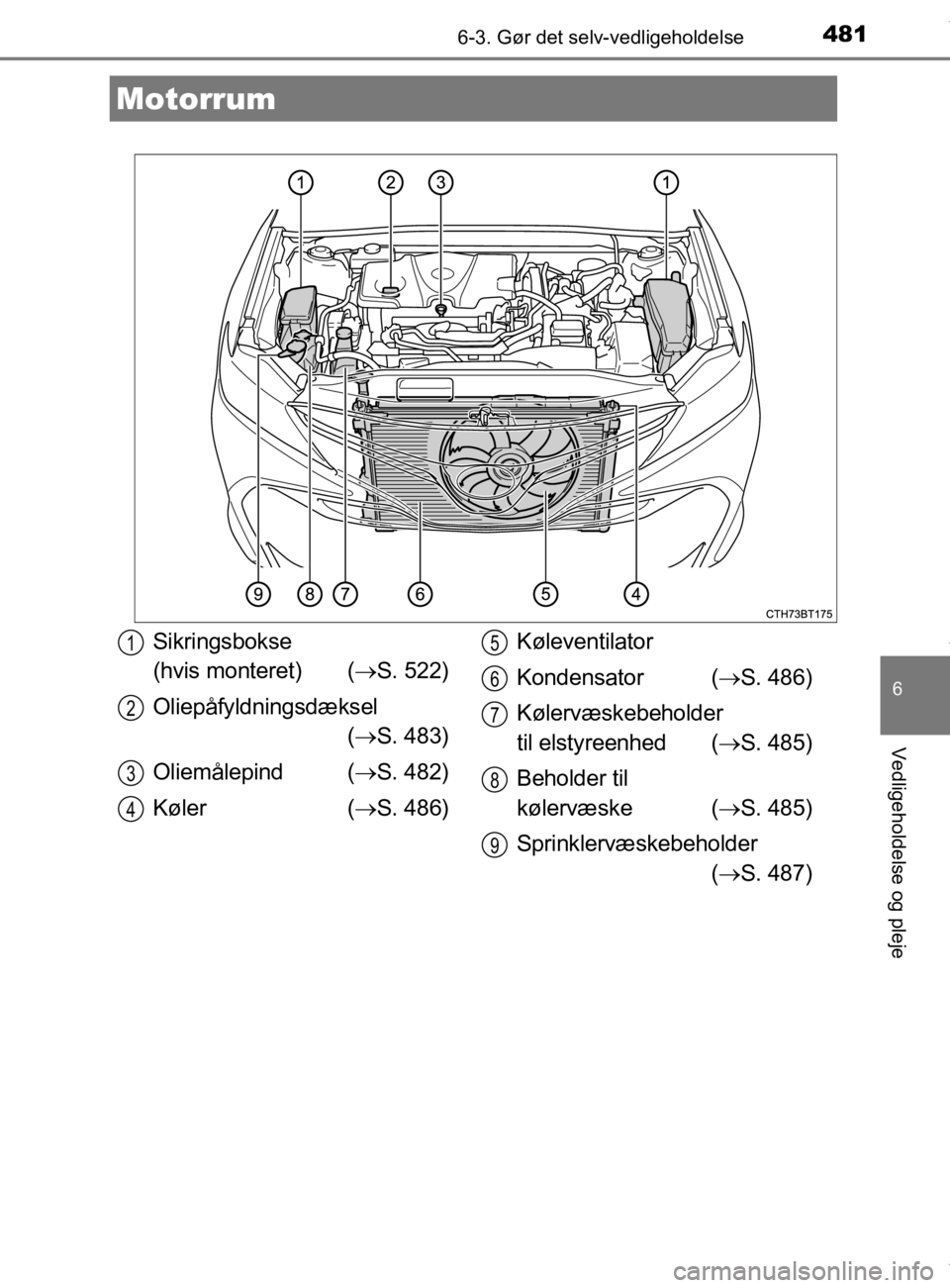 TOYOTA CAMRY 2019  Brugsanvisning (in Danish) 4816-3. Gør det selv-vedligeholdelse
OM33E11DK
6
Vedligeholdelse og pleje
Motorrum
Sikringsbokse 
(hvis monteret) (S. 522)
Oliepåfyldningsdæksel  ( S. 483)
Oliemålepind ( S. 482)
Køler (