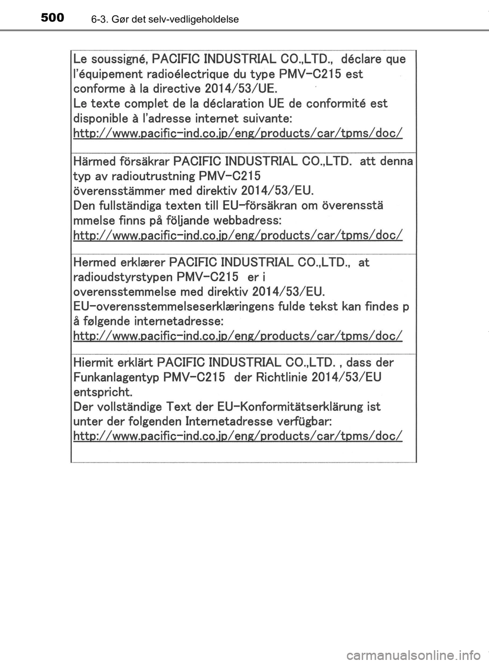 TOYOTA CAMRY 2019  Brugsanvisning (in Danish) 5006-3. Gør det selv-vedligeholdelse
OM33E11DK
OM33E11DK.book  Page 500  Monday, March 9, 2020  1:49 PM 