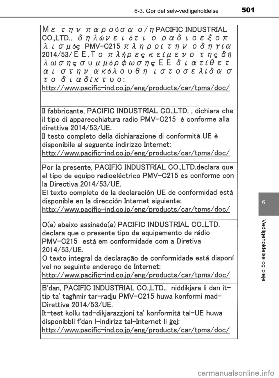 TOYOTA CAMRY 2019  Brugsanvisning (in Danish) 5016-3. Gør det selv-vedligeholdelse
OM33E11DK
6
Vedligeholdelse og pleje
OM33E11DK.book  Page 501  Monday, March 9, 2020  1:49 PM 