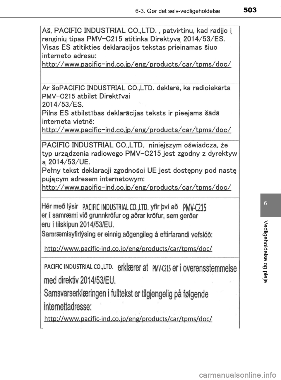 TOYOTA CAMRY 2019  Brugsanvisning (in Danish) 5036-3. Gør det selv-vedligeholdelse
OM33E11DK
6
Vedligeholdelse og pleje
OM33E11DK.book  Page 503  Monday, March 9, 2020  1:49 PM 