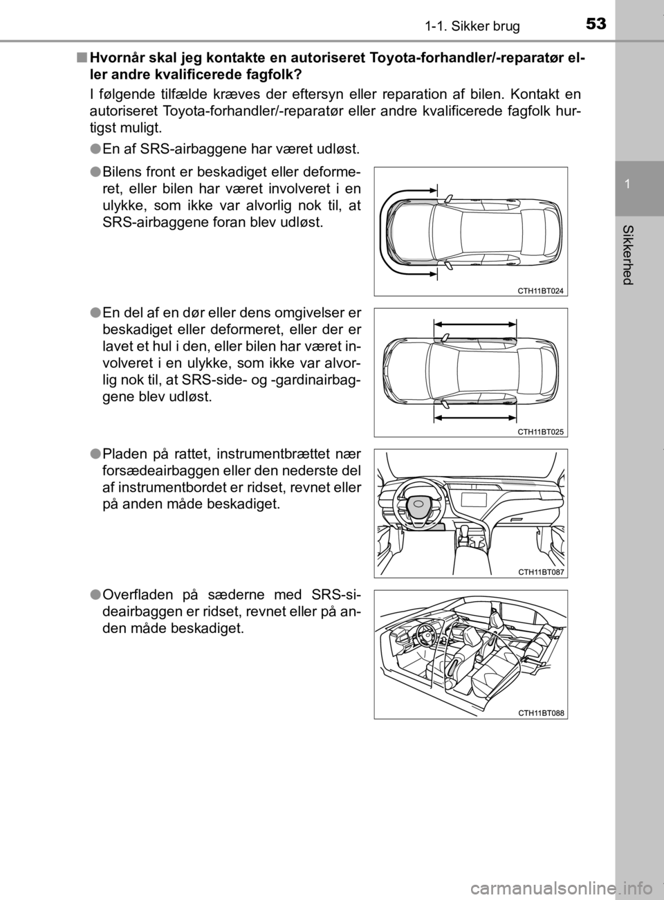 TOYOTA CAMRY 2019 Brugsanvisning (in Danish) 531-1. Sikker brug
1
Sikkerhed
OM33E11DKn
Hvornår skal jeg kontakte en autoriser et Toyota-forhandler/-reparatør el-
ler andre kvalificerede fagfolk?
I følgende tilfælde kræves der eftersyn eller TOYOTA CAMRY 2019 Brugsanvisning (in Danish) 531-1. Sikker brug
1
Sikkerhed
OM33E11DKn
Hvornår skal jeg kontakte en autoriser et Toyota-forhandler/-reparatør el-
ler andre kvalificerede fagfolk?
I følgende tilfælde kræves der eftersyn eller