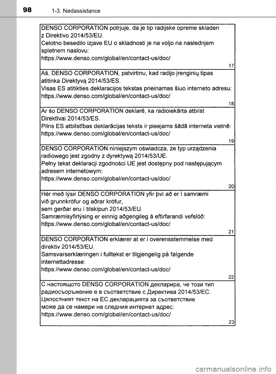 TOYOTA CAMRY 2019  Brugsanvisning (in Danish) 981-3. Nødassistance
OM33E11DK
OM33E11DK.book  Page 98  Monday, March 9, 2020  1:49 PM 