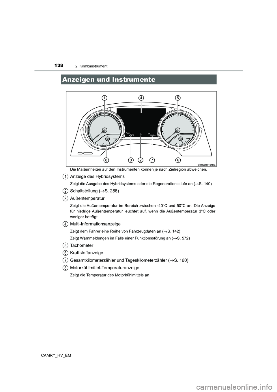 TOYOTA CAMRY 2019  Betriebsanleitungen (in German) 1382. Kombiinstrument
CAMRY_HV_EMDie Maßeinheiten auf den Instrumenten können je nach Zielregion abweichen.
Anzeige des Hybridsystems
Zeigt die Ausgabe des Hybridsystems oder die Regenerationsstufe 