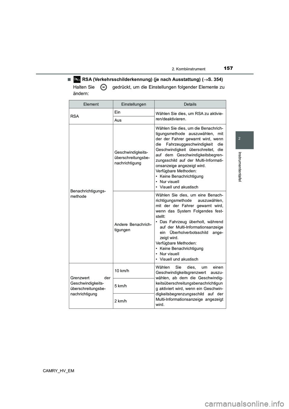 TOYOTA CAMRY 2019  Betriebsanleitungen (in German) 1572. Kombiinstrument
2
Instrumententafel
CAMRY_HV_EM■
 RSA (Verkehrsschilderkennung) (je nach Ausstattung) (→S. 354)
Halten Sie   gedrückt, um die Einstellungen folgender Elemente zu
ändern:
El