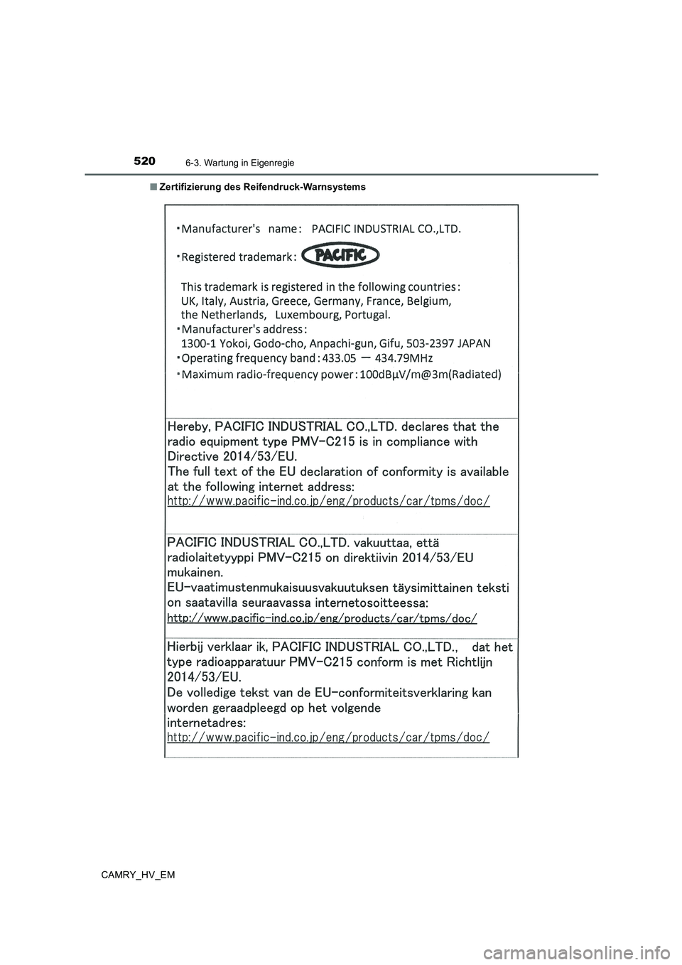TOYOTA CAMRY 2019  Betriebsanleitungen (in German) 5206-3. Wartung in Eigenregie
CAMRY_HV_EM■Zertifizierung des Reifendruck-Warnsystems 
