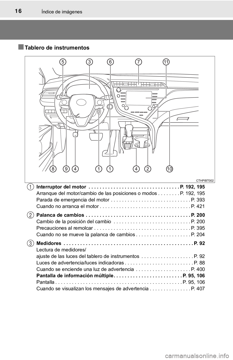 TOYOTA CAMRY 2019 Manual del propietario (in Spanish) 16Índice de imágenes
■Tablero de instrumentos
Interruptor del motor . . . . . . . . . . . . . . . . . . . . . . . . . . . . . . . . . P. 192, 195
Arranque del motor/cambio de las posiciones o mod TOYOTA CAMRY 2019 Manual del propietario (in Spanish) 16Índice de imágenes
■Tablero de instrumentos
Interruptor del motor . . . . . . . . . . . . . . . . . . . . . . . . . . . . . . . . . P. 192, 195
Arranque del motor/cambio de las posiciones o mod