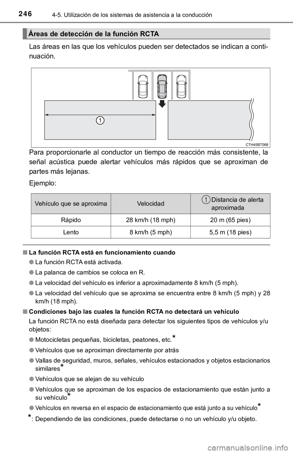 TOYOTA CAMRY 2019  Manual del propietario (in Spanish) 2464-5. Utilización de los sistemas de asistencia a la conducción
Las áreas en las que los vehículos pueden ser detectados se indican a conti-
nuación.
Para  proporcionarle  al  conductor  un  ti