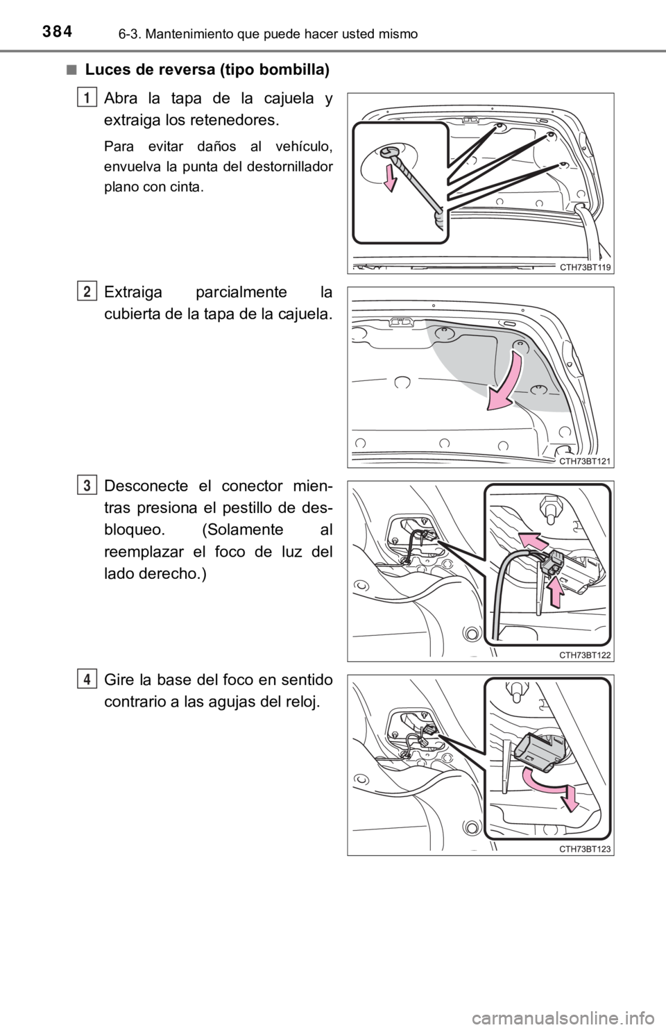 TOYOTA CAMRY 2019  Manual del propietario (in Spanish) 3846-3. Mantenimiento que puede hacer usted mismo
■Luces de reversa (tipo bombilla)Abra  la  tapa  de  la  cajuela  y
extraiga los retenedores.
Para  evitar  daños  al  vehículo,
envuelva  la  pun