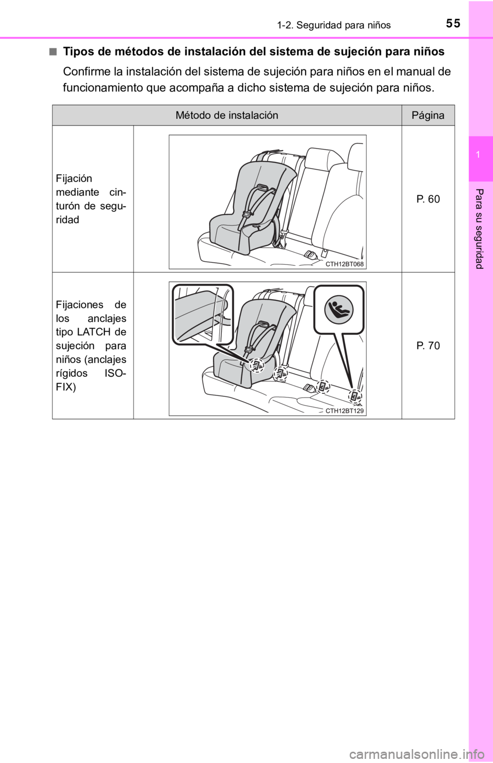 TOYOTA CAMRY 2019  Manual del propietario (in Spanish) 551-2. Seguridad para niños
1
Para su seguridad
■Tipos de métodos de instalación del sistema de sujeción para niños
Confirme la instalación del sistema de sujeción para niños en e l manual d