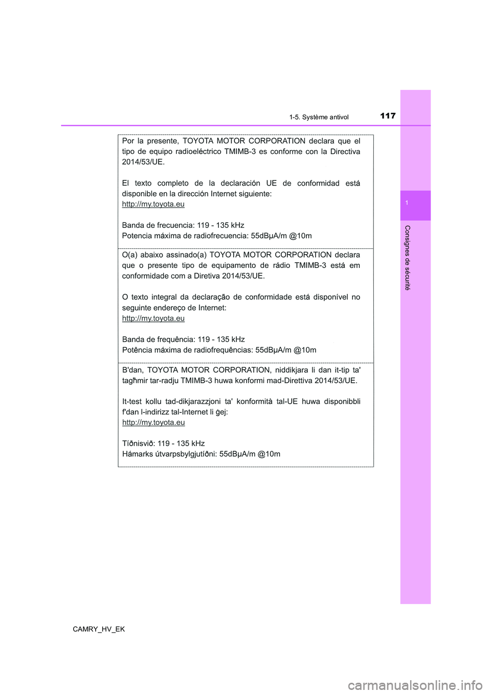TOYOTA CAMRY 2019  Manuel du propriétaire (in French) 1171-5. Système antivol
1
Consignes de sécurité
CAMRY_HV_EK 