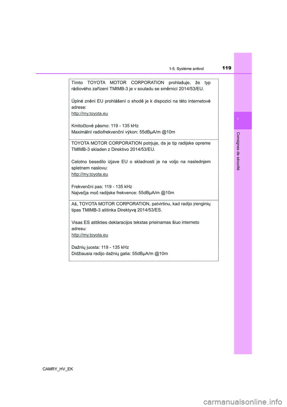 TOYOTA CAMRY 2019  Manuel du propriétaire (in French) 1191-5. Système antivol
1
Consignes de sécurité
CAMRY_HV_EK 