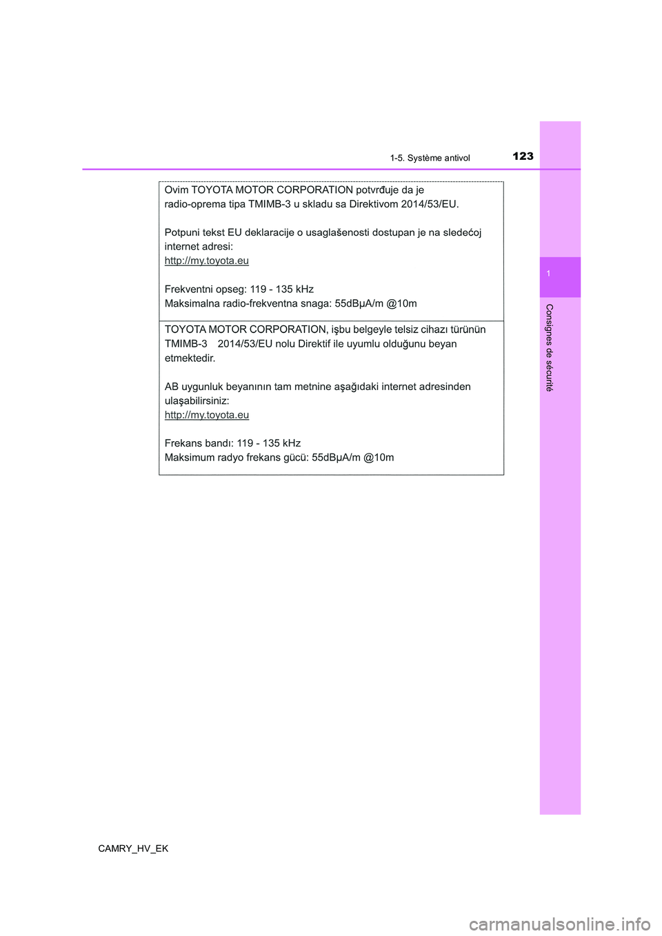 TOYOTA CAMRY 2019  Manuel du propriétaire (in French) 1231-5. Système antivol
1
Consignes de sécurité
CAMRY_HV_EK 
