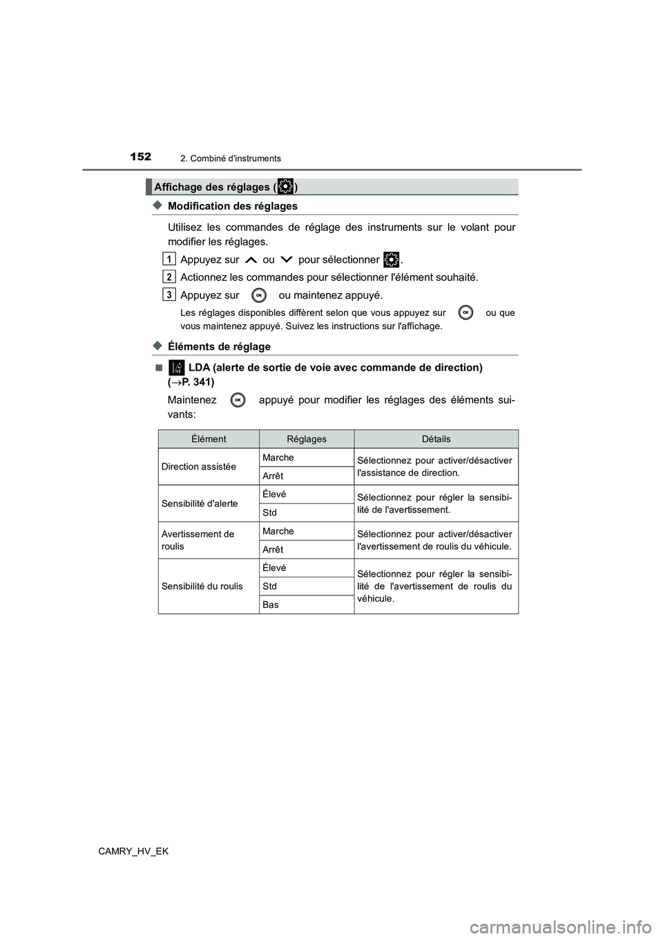 TOYOTA CAMRY 2019  Manuel du propriétaire (in French) 1522. Combiné dinstruments
CAMRY_HV_EK
◆Modification des réglages
Utilisez les commandes de réglage des instruments sur le volant pour
modifier les réglages.
Appuyez sur   ou   pour sélectionn
