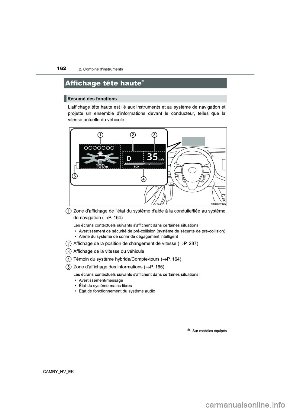 TOYOTA CAMRY 2019  Manuel du propriétaire (in French) 1622. Combiné dinstruments
CAMRY_HV_EK
Laffichage tête haute est lié aux instruments et au système de navigation et
projette un ensemble dinformations devant le conducteur, telles que la
vitess
