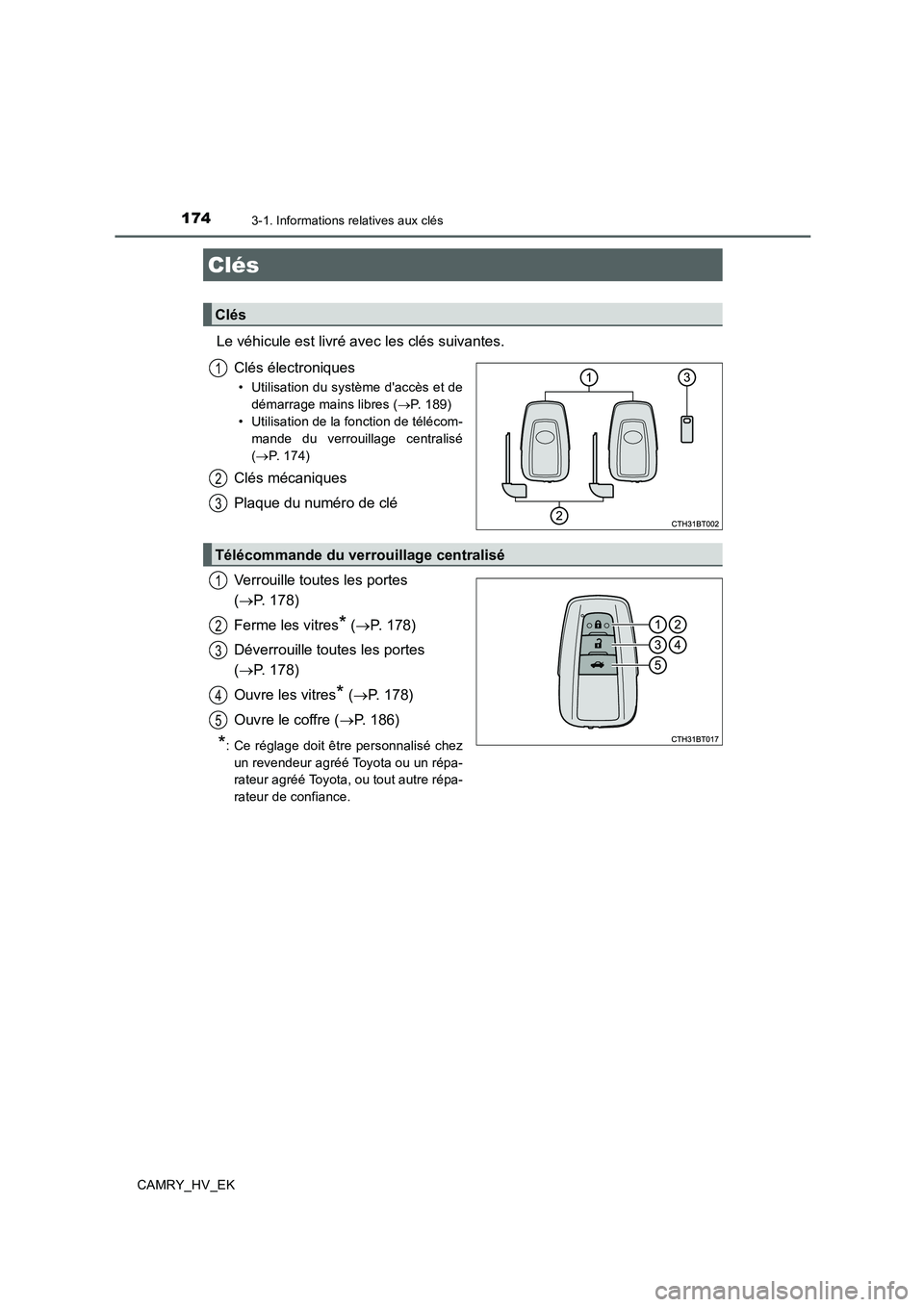 TOYOTA CAMRY 2019  Manuel du propriétaire (in French) 174
CAMRY_HV_EK
3-1. Informations relatives aux clés
Le véhicule est livré avec les clés suivantes.
Clés électroniques
• Utilisation du système daccès et de
démarrage mains libres (→P. 1