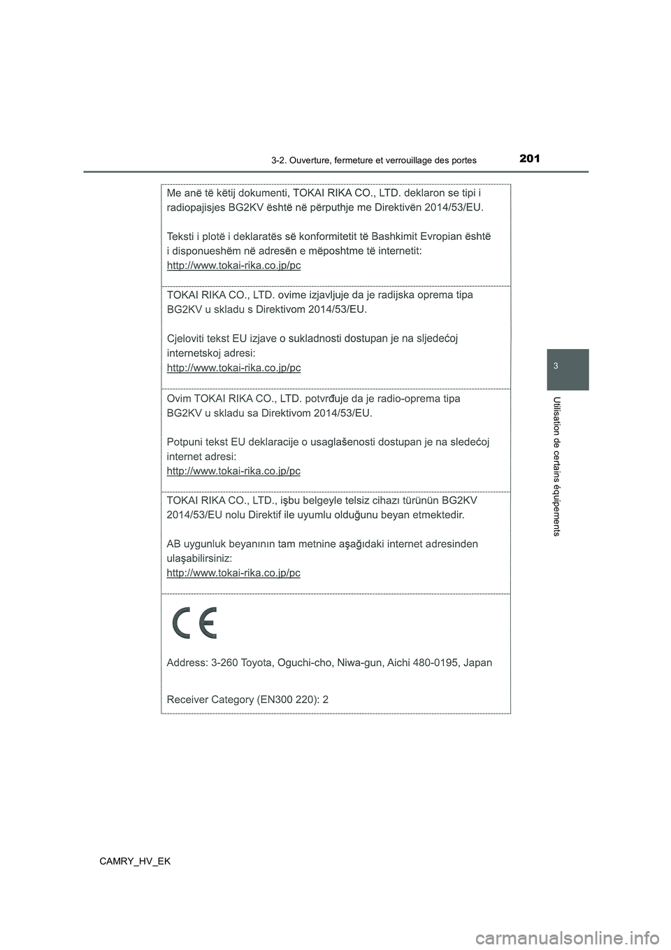 TOYOTA CAMRY 2019  Manuel du propriétaire (in French) 2013-2. Ouverture, fermeture et verrouillage des portes
3
Utilisation de certains équipements
CAMRY_HV_EK 