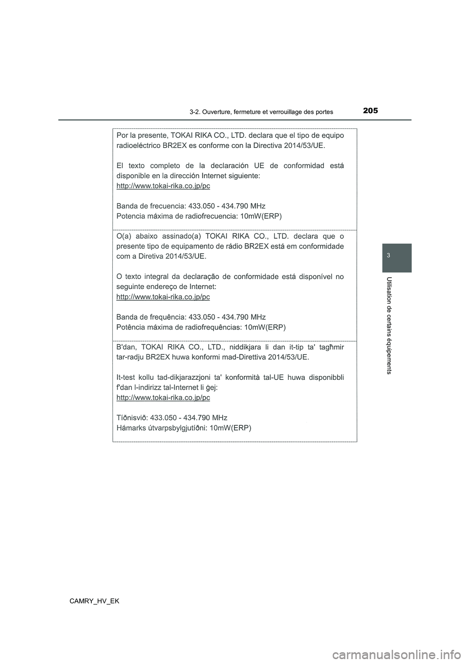 TOYOTA CAMRY 2019  Manuel du propriétaire (in French) 2053-2. Ouverture, fermeture et verrouillage des portes
3
Utilisation de certains équipements
CAMRY_HV_EK 