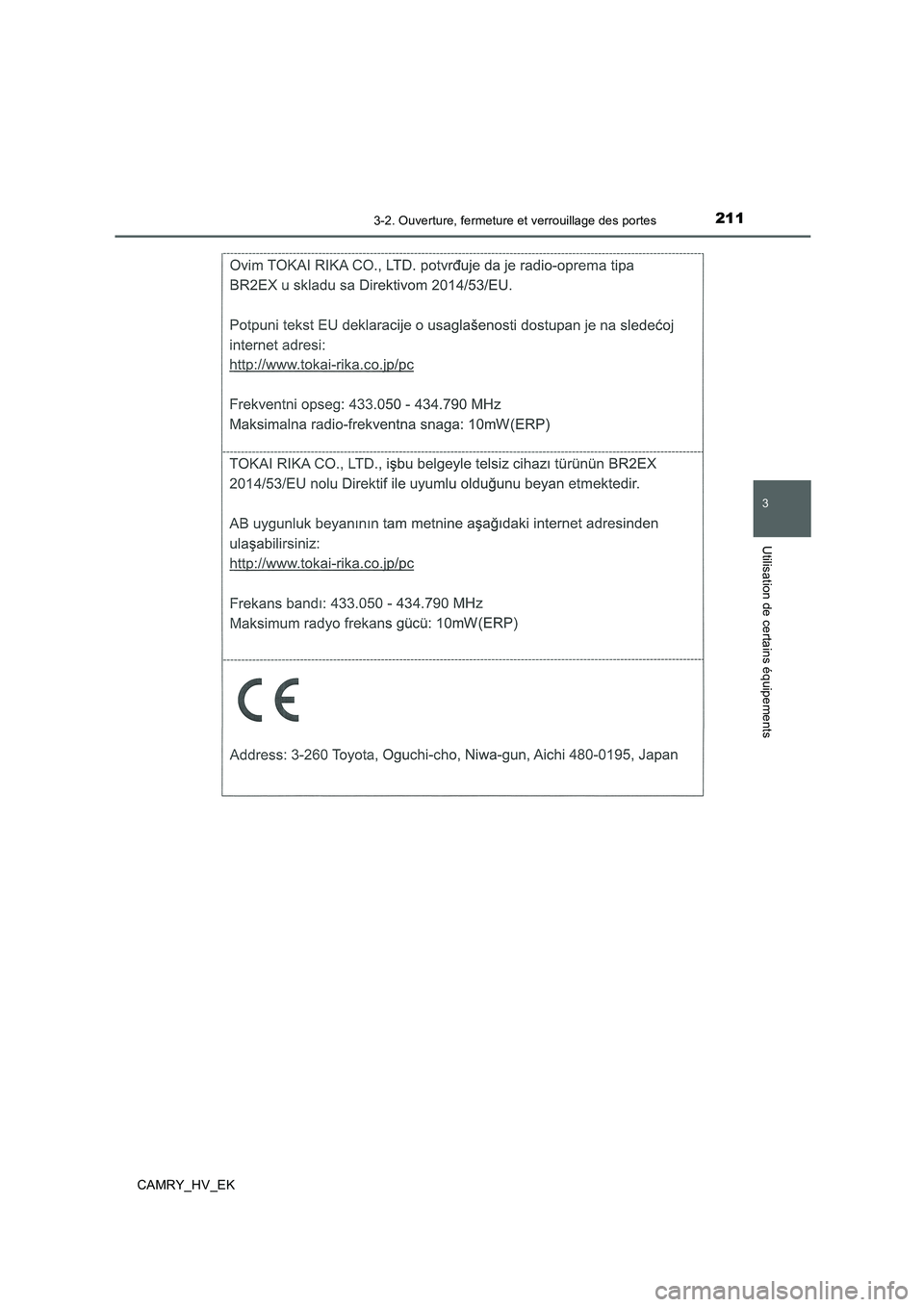 TOYOTA CAMRY 2019  Manuel du propriétaire (in French) 2113-2. Ouverture, fermeture et verrouillage des portes
3
Utilisation de certains équipements
CAMRY_HV_EK 