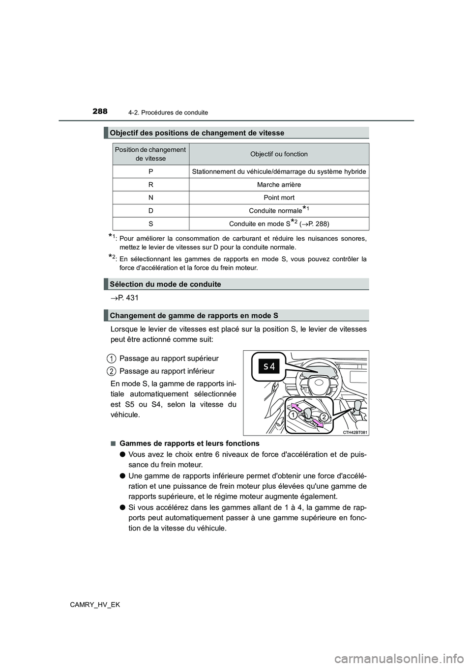 TOYOTA CAMRY 2019 Manuel du propriétaire (in French) 2884-2. Procédures de conduite
CAMRY_HV_EK
*1: Pour améliorer la consommation de carburant et réduire les nuisances sonores,
mettez le levier de vitesses sur D pour la conduite normale.
*2: En sél TOYOTA CAMRY 2019 Manuel du propriétaire (in French) 2884-2. Procédures de conduite
CAMRY_HV_EK
*1: Pour améliorer la consommation de carburant et réduire les nuisances sonores,
mettez le levier de vitesses sur D pour la conduite normale.
*2: En sél