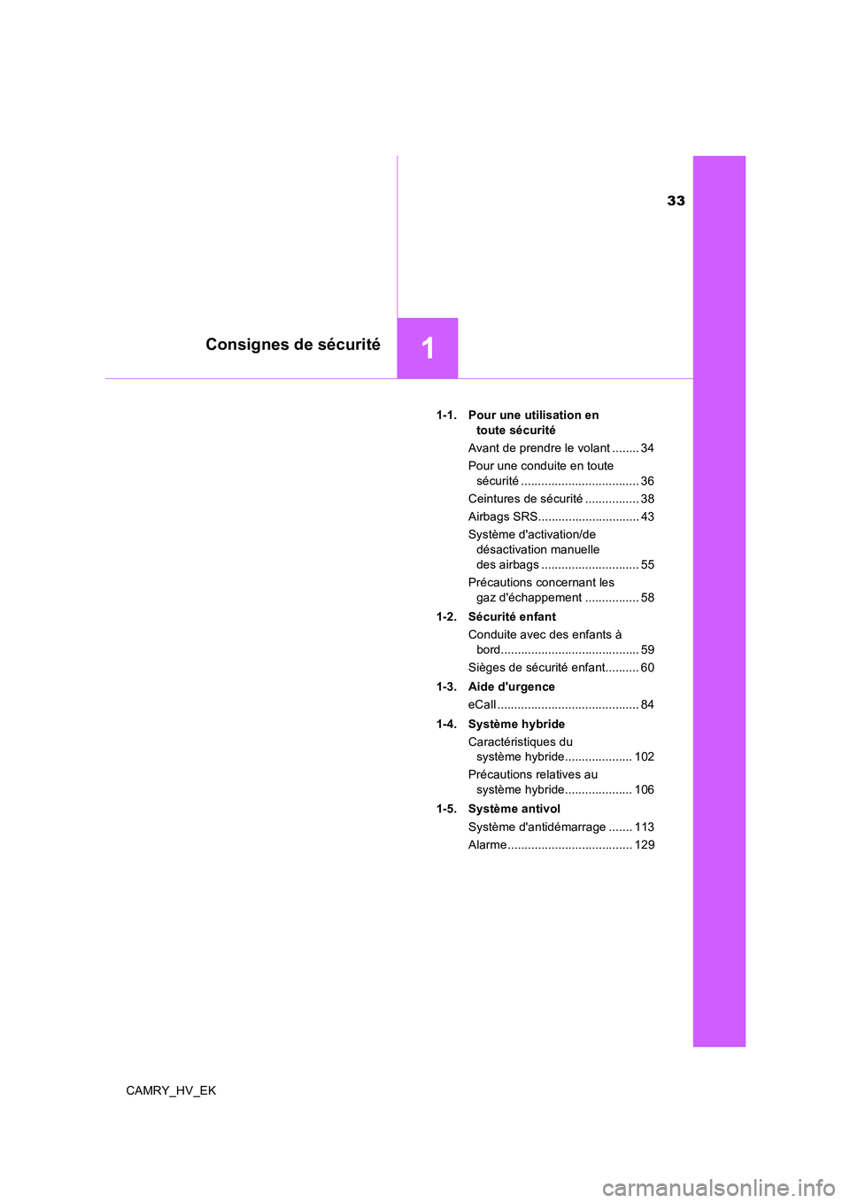 TOYOTA CAMRY 2019  Manuel du propriétaire (in French) 33
1Consignes de sécurité
CAMRY_HV_EK1-1.  Pour une utilisation en 
toute sécurité
Avant de prendre le volant ........ 34
Pour une conduite en toute 
sécurité ...................................