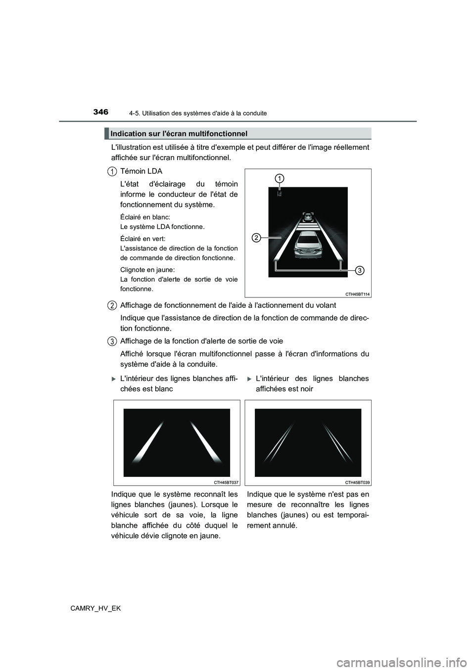 TOYOTA CAMRY 2019 Manuel du propriétaire (in French) 3464-5. Utilisation des systèmes daide à la conduite
CAMRY_HV_EK
Lillustration est utilisée à titre dexemple et peut différer de limage réellement
affichée sur lécran multifonctionnel.
T TOYOTA CAMRY 2019 Manuel du propriétaire (in French) 3464-5. Utilisation des systèmes daide à la conduite
CAMRY_HV_EK
Lillustration est utilisée à titre dexemple et peut différer de limage réellement
affichée sur lécran multifonctionnel.
T