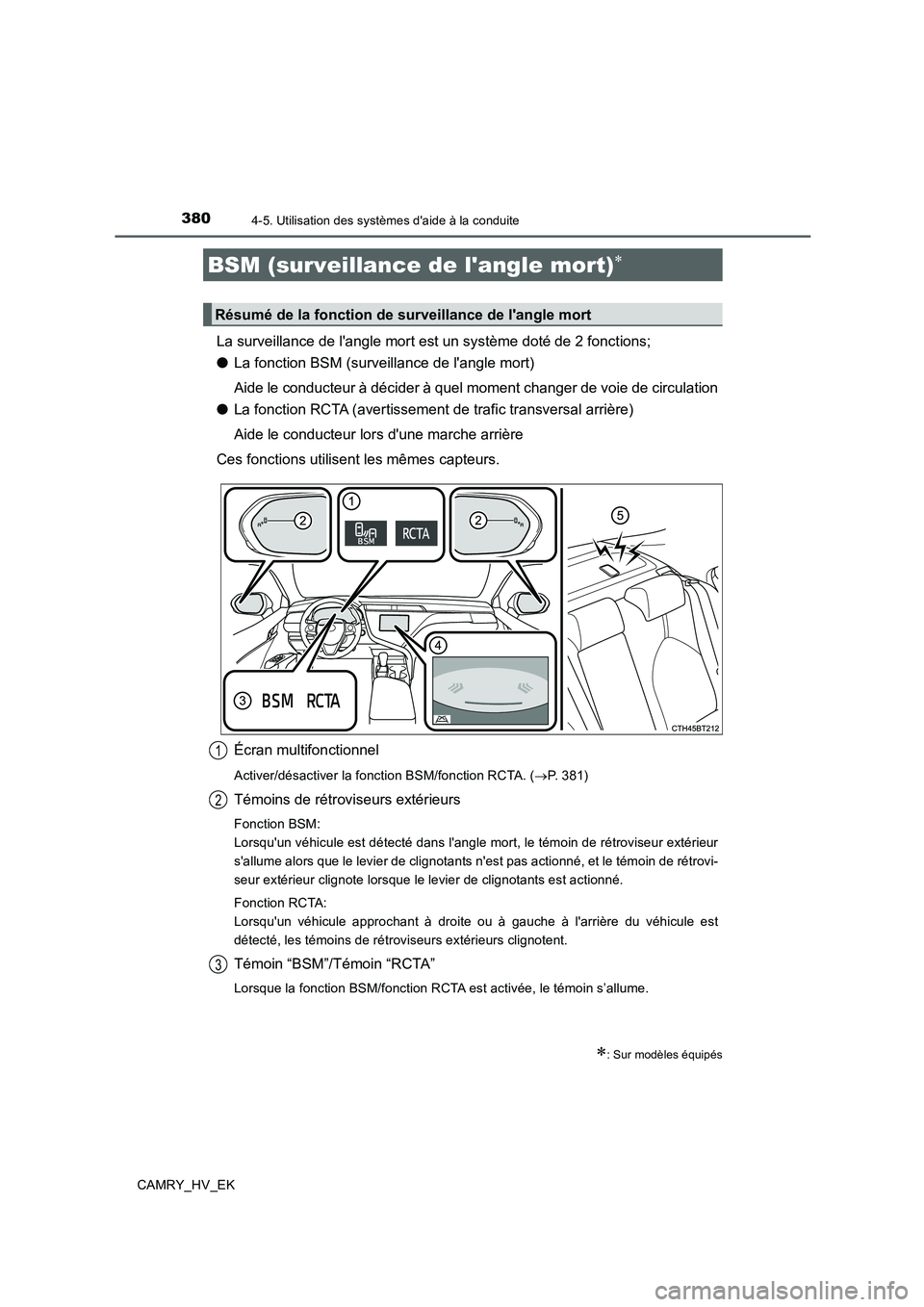 TOYOTA CAMRY 2019 Manuel du propriétaire (in French) 3804-5. Utilisation des systèmes daide à la conduite
CAMRY_HV_EK
La surveillance de langle mort est un système doté de 2 fonctions;
●La fonction BSM (surveillance de langle mort)
Aide le cond TOYOTA CAMRY 2019 Manuel du propriétaire (in French) 3804-5. Utilisation des systèmes daide à la conduite
CAMRY_HV_EK
La surveillance de langle mort est un système doté de 2 fonctions;
●La fonction BSM (surveillance de langle mort)
Aide le cond