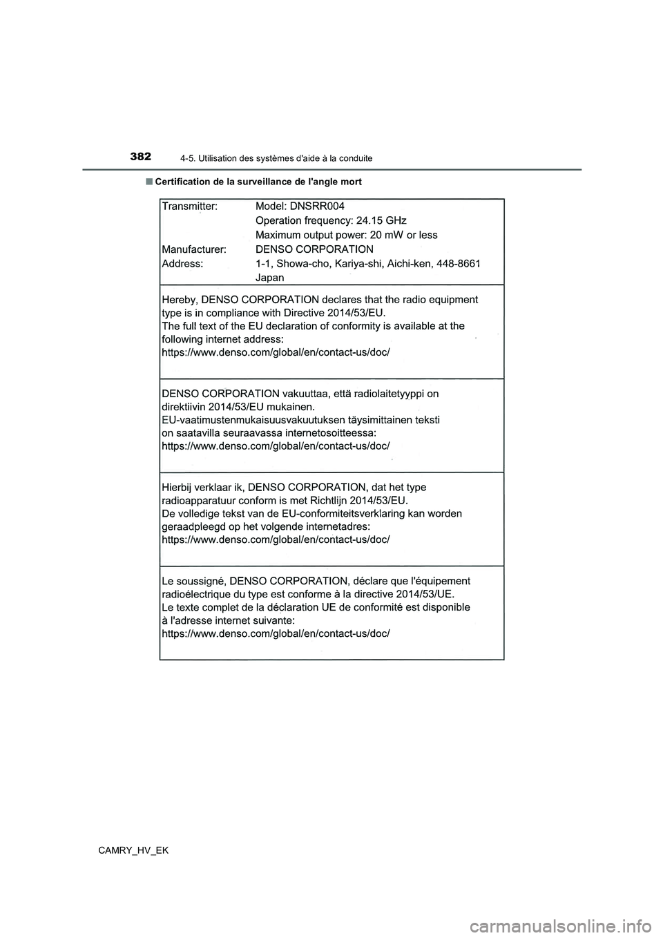 TOYOTA CAMRY 2019  Manuel du propriétaire (in French) 3824-5. Utilisation des systèmes daide à la conduite
CAMRY_HV_EK■Certification de la surveillance de langle mort 