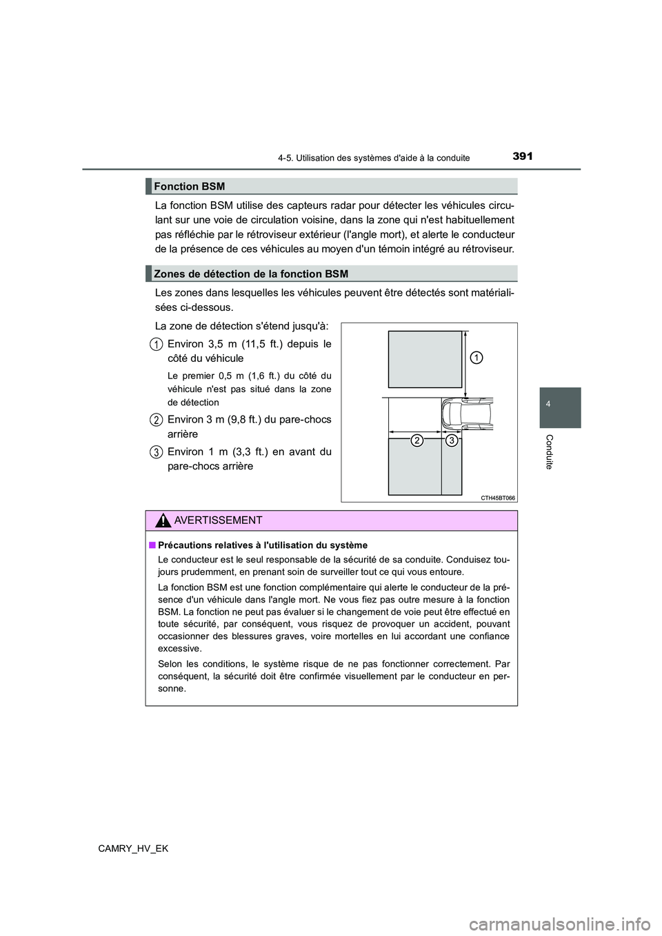 TOYOTA CAMRY 2019 Manuel du propriétaire (in French) 3914-5. Utilisation des systèmes daide à la conduite
4
Conduite
CAMRY_HV_EK
La fonction BSM utilise des capteurs radar pour détecter les véhicules circu-
lant sur une voie de circulation voisine, TOYOTA CAMRY 2019 Manuel du propriétaire (in French) 3914-5. Utilisation des systèmes daide à la conduite
4
Conduite
CAMRY_HV_EK
La fonction BSM utilise des capteurs radar pour détecter les véhicules circu-
lant sur une voie de circulation voisine,