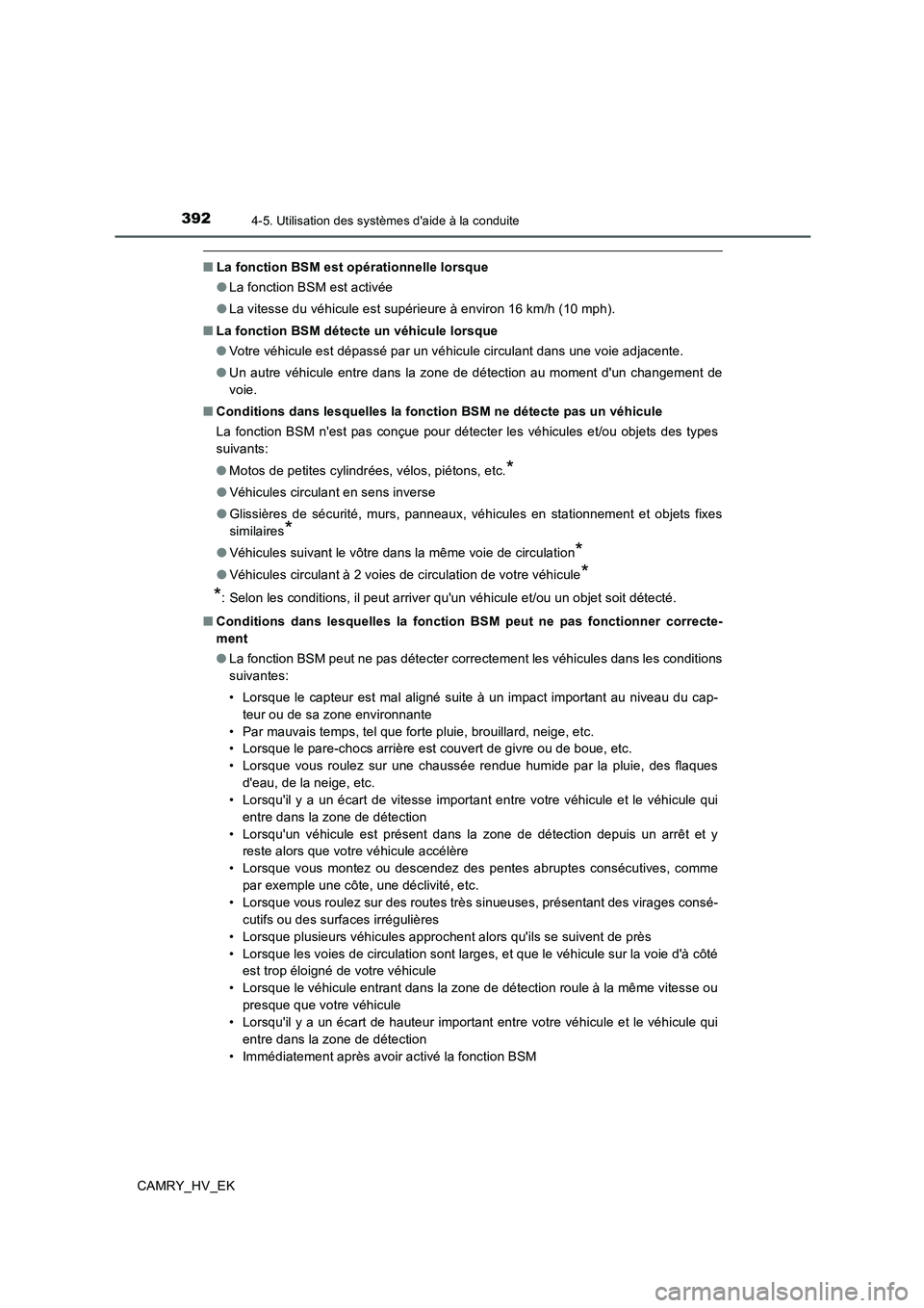 TOYOTA CAMRY 2019 Manuel du propriétaire (in French) 3924-5. Utilisation des systèmes daide à la conduite
CAMRY_HV_EK
■La fonction BSM est opérationnelle lorsque
●La fonction BSM est activée
●La vitesse du véhicule est supérieure à environ TOYOTA CAMRY 2019 Manuel du propriétaire (in French) 3924-5. Utilisation des systèmes daide à la conduite
CAMRY_HV_EK
■La fonction BSM est opérationnelle lorsque
●La fonction BSM est activée
●La vitesse du véhicule est supérieure à environ