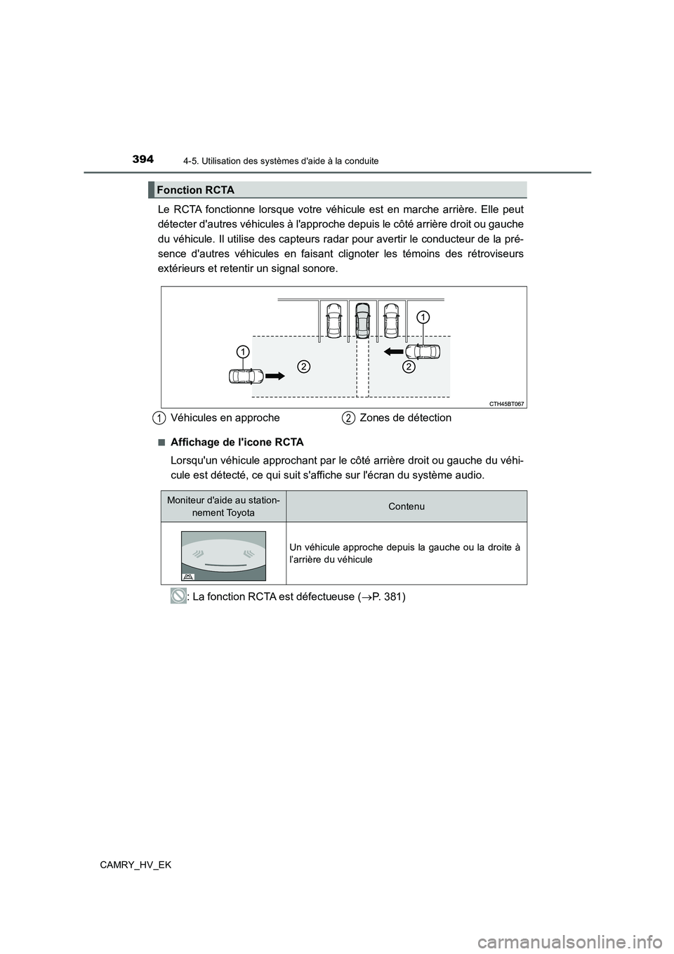 TOYOTA CAMRY 2019  Manuel du propriétaire (in French) 3944-5. Utilisation des systèmes daide à la conduite
CAMRY_HV_EK
Le RCTA fonctionne lorsque votre véhicule est en marche arrière. Elle peut
détecter dautres véhicules à lapproche depuis le c
