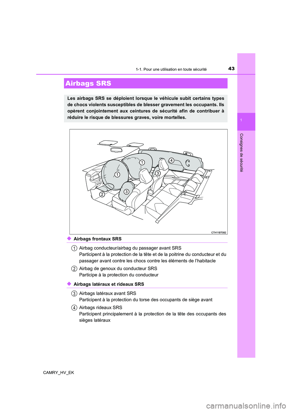 TOYOTA CAMRY 2019  Manuel du propriétaire (in French) 431-1. Pour une utilisation en toute sécurité
1
Consignes de sécurité
CAMRY_HV_EK
◆Airbags frontaux SRS
Airbag conducteur/airbag du passager avant SRS
Participent à la protection de la tête et