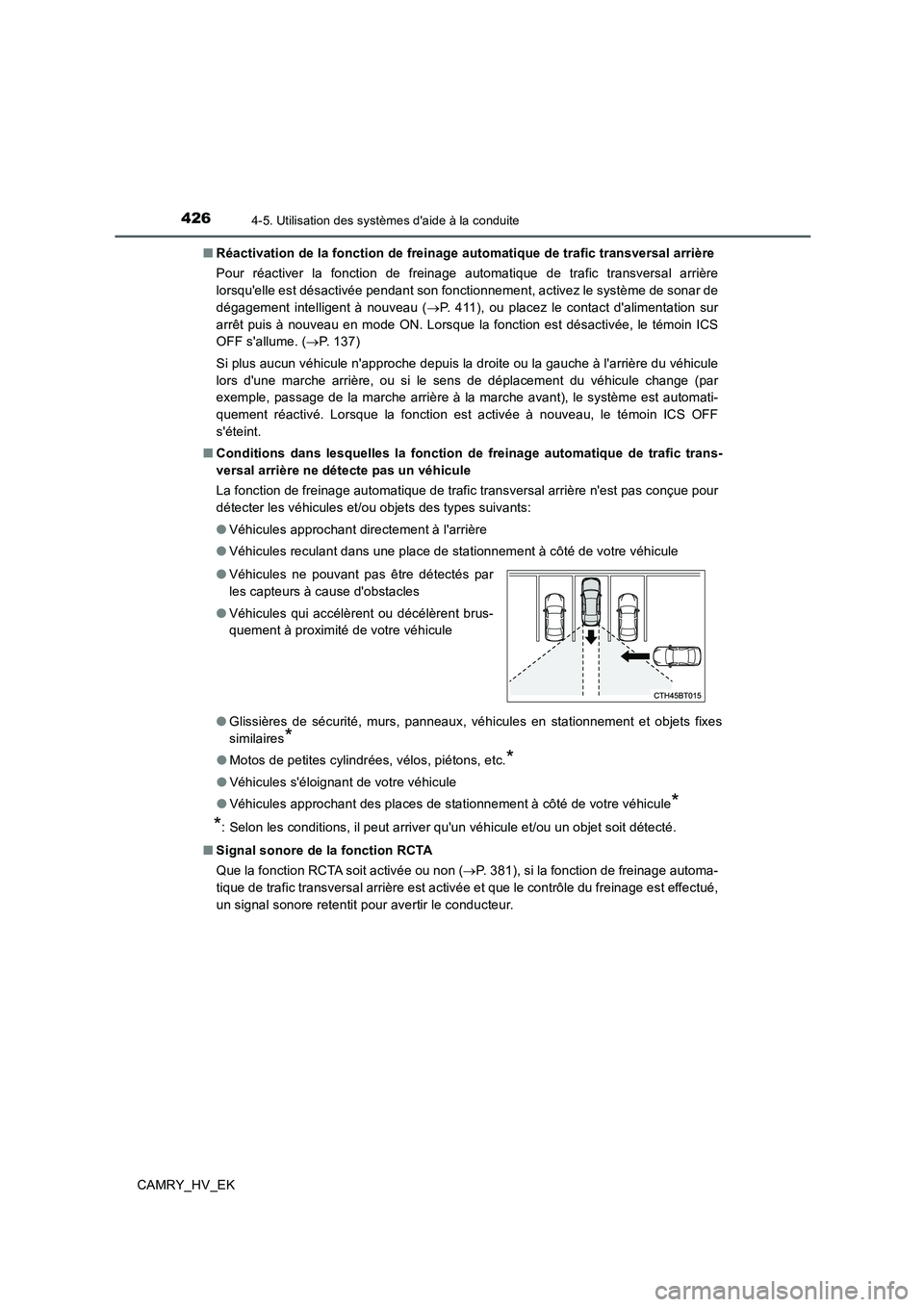 TOYOTA CAMRY 2019 Manuel du propriétaire (in French) 4264-5. Utilisation des systèmes daide à la conduite
CAMRY_HV_EK■Réactivation de la fonction de freinage automatique de trafic transversal arrière
Pour réactiver la fonction de freinage automa TOYOTA CAMRY 2019 Manuel du propriétaire (in French) 4264-5. Utilisation des systèmes daide à la conduite
CAMRY_HV_EK■Réactivation de la fonction de freinage automatique de trafic transversal arrière
Pour réactiver la fonction de freinage automa