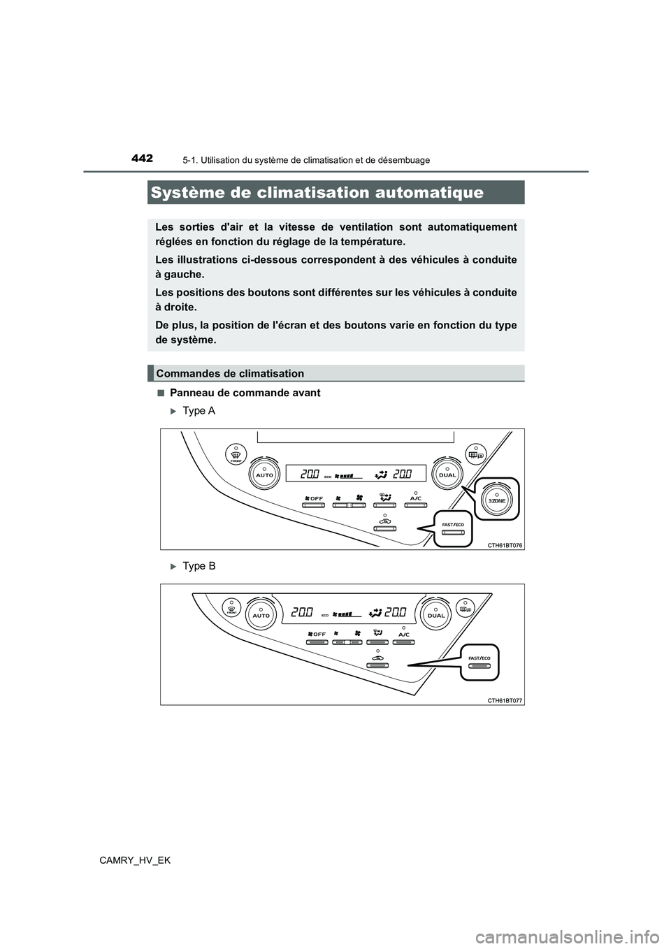 TOYOTA CAMRY 2019  Manuel du propriétaire (in French) 442
CAMRY_HV_EK
5-1. Utilisation du système de climatisation et de désembuage
■Panneau de commande avant
Type A
Type B
Système de climatisation automatique
Les sorties dair et la vitesse d