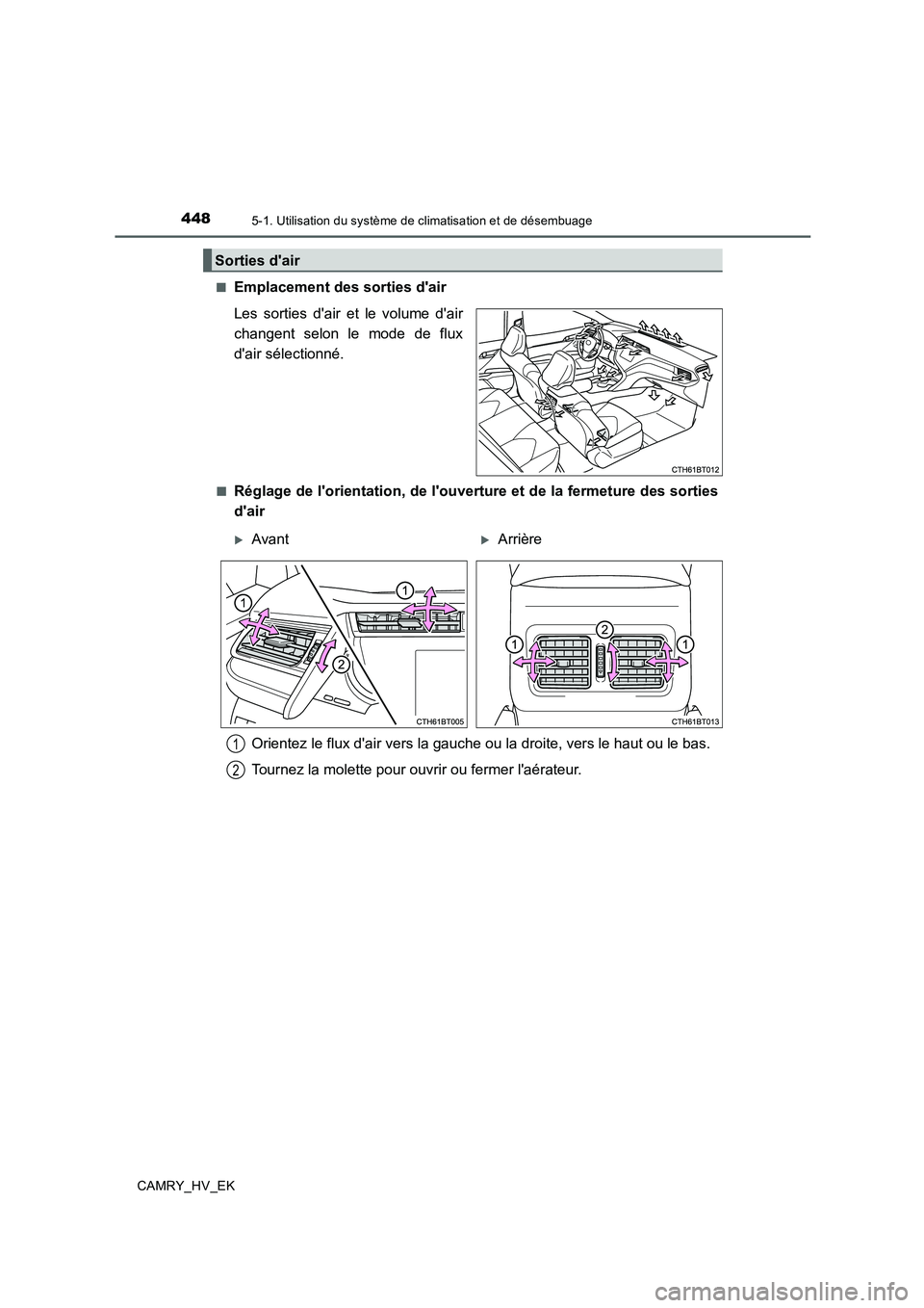 TOYOTA CAMRY 2019  Manuel du propriétaire (in French) 4485-1. Utilisation du système de climatisation et de désembuage
CAMRY_HV_EK■
Emplacement des sorties dair
Les sorties dair et le volume dair
changent selon le mode de flux
dair sélectionné.