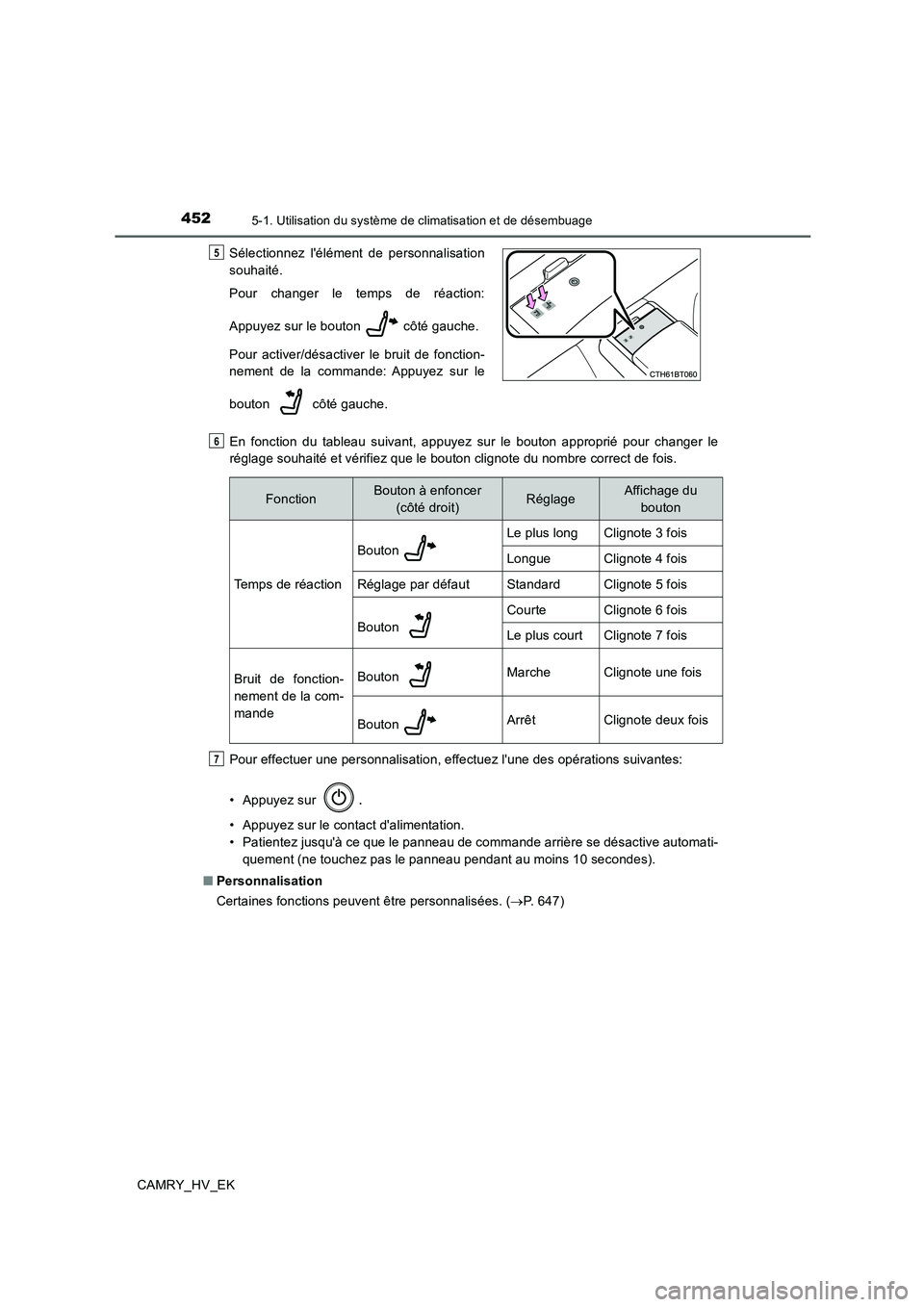 TOYOTA CAMRY 2019 Manuel du propriétaire (in French) 4525-1. Utilisation du système de climatisation et de désembuage
CAMRY_HV_EKEn fonction du tableau suivant, appuyez sur le bouton approprié pour changer le
réglage souhaité et vérifiez que le bo TOYOTA CAMRY 2019 Manuel du propriétaire (in French) 4525-1. Utilisation du système de climatisation et de désembuage
CAMRY_HV_EKEn fonction du tableau suivant, appuyez sur le bouton approprié pour changer le
réglage souhaité et vérifiez que le bo