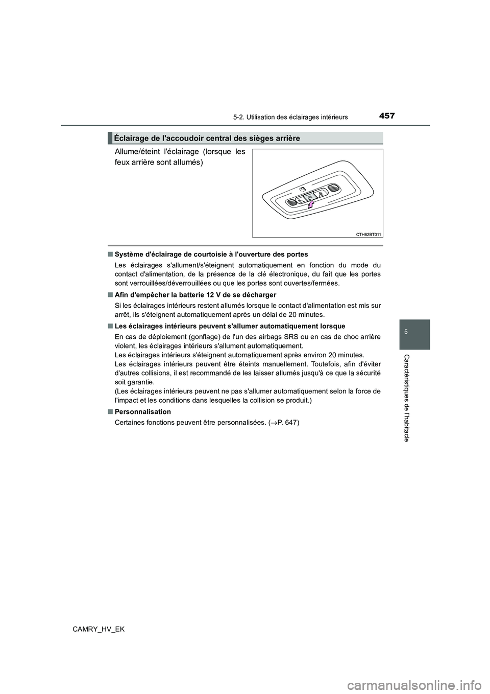 TOYOTA CAMRY 2019 Manuel du propriétaire (in French) 4575-2. Utilisation des éclairages intérieurs
5
Caractéristiques de l’habitacle
CAMRY_HV_EK
Allume/éteint léclairage (lorsque les
feux arrière sont allumés)
■Système déclairage de court TOYOTA CAMRY 2019 Manuel du propriétaire (in French) 4575-2. Utilisation des éclairages intérieurs
5
Caractéristiques de l’habitacle
CAMRY_HV_EK
Allume/éteint léclairage (lorsque les
feux arrière sont allumés)
■Système déclairage de court