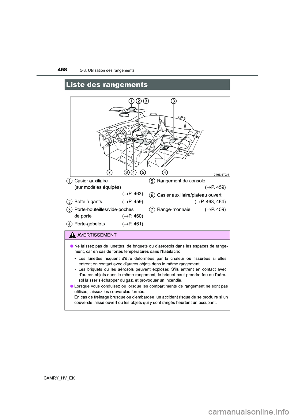 TOYOTA CAMRY 2019 Manuel du propriétaire (in French) 458
CAMRY_HV_EK
5-3. Utilisation des rangements
Liste des rangements
Casier auxiliaire
(sur modèles équipés)
(→P. 463)
Boîte à gants (→P. 459)
Porte-bouteilles/vide-poches
de porte (→P. 4 TOYOTA CAMRY 2019 Manuel du propriétaire (in French) 458
CAMRY_HV_EK
5-3. Utilisation des rangements
Liste des rangements
Casier auxiliaire
(sur modèles équipés)
(→P. 463)
Boîte à gants (→P. 459)
Porte-bouteilles/vide-poches
de porte (→P. 4