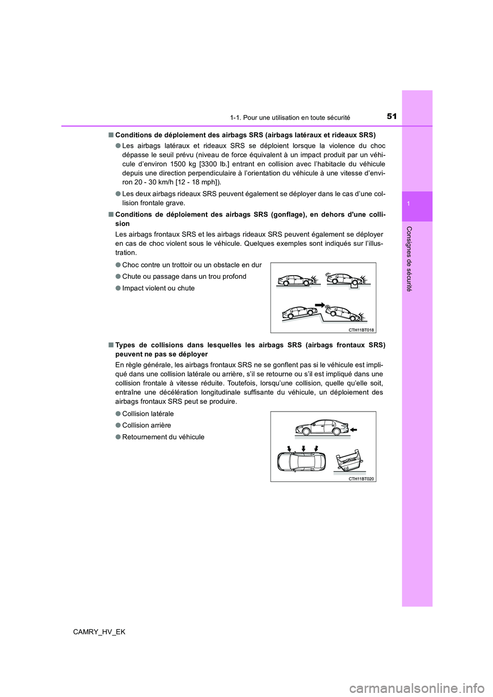 TOYOTA CAMRY 2019 Manuel du propriétaire (in French) 511-1. Pour une utilisation en toute sécurité
1
Consignes de sécurité
CAMRY_HV_EK■Conditions de déploiement des airbags SRS (airbags latéraux et rideaux SRS)
●Les airbags latéraux et rideau TOYOTA CAMRY 2019 Manuel du propriétaire (in French) 511-1. Pour une utilisation en toute sécurité
1
Consignes de sécurité
CAMRY_HV_EK■Conditions de déploiement des airbags SRS (airbags latéraux et rideaux SRS)
●Les airbags latéraux et rideau