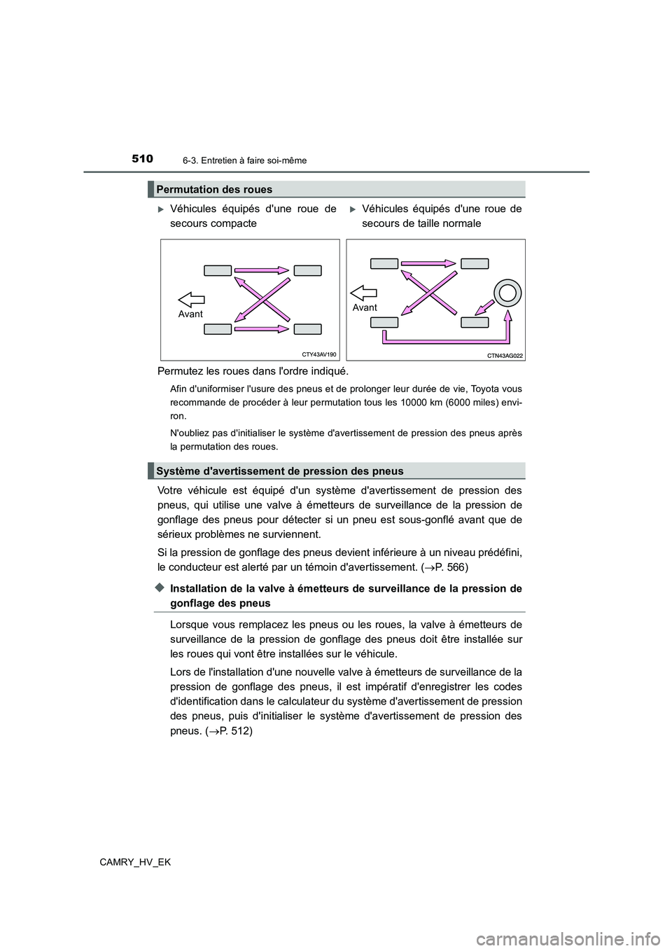 TOYOTA CAMRY 2019 Manuel du propriétaire (in French) 5106-3. Entretien à faire soi-même
CAMRY_HV_EK
Permutez les roues dans lordre indiqué.
Afin duniformiser lusure des pneus et de prolonger leur durée de vie, Toyota vous
recommande de procéder TOYOTA CAMRY 2019 Manuel du propriétaire (in French) 5106-3. Entretien à faire soi-même
CAMRY_HV_EK
Permutez les roues dans lordre indiqué.
Afin duniformiser lusure des pneus et de prolonger leur durée de vie, Toyota vous
recommande de procéder