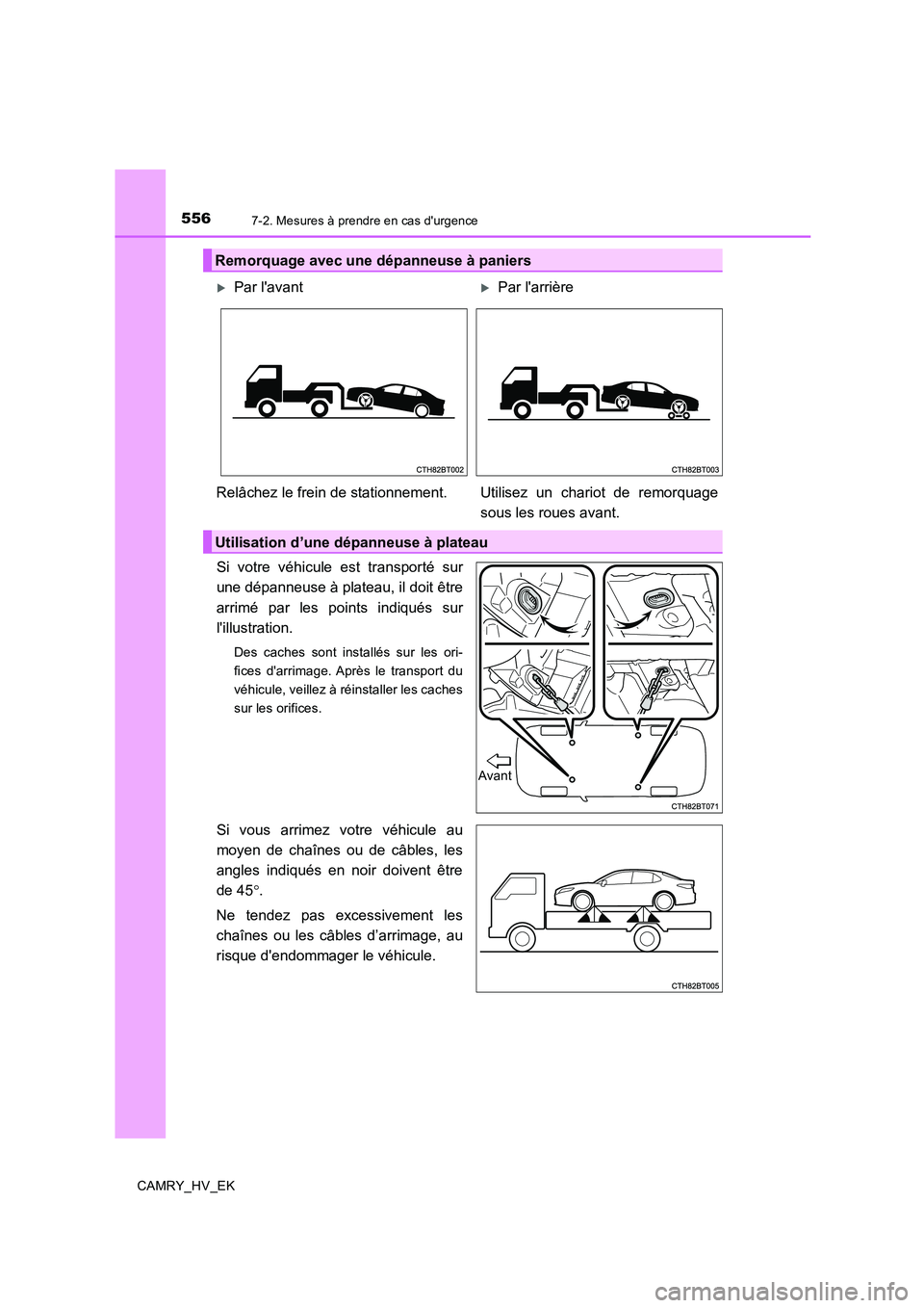 TOYOTA CAMRY 2019  Manuel du propriétaire (in French) 5567-2. Mesures à prendre en cas durgence
CAMRY_HV_EK
Si votre véhicule est transporté sur
une dépanneuse à plateau, il doit être
arrimé par les points indiqués sur
lillustration.
Des caches