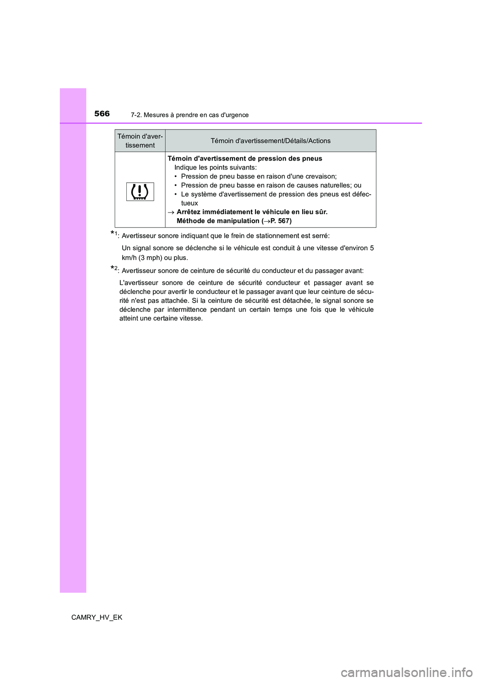 TOYOTA CAMRY 2019 Manuel du propriétaire (in French) 5667-2. Mesures à prendre en cas durgence
CAMRY_HV_EK
*1: Avertisseur sonore indiquant que le frein de stationnement est serré:
Un signal sonore se déclenche si le véhicule est conduit à une vi TOYOTA CAMRY 2019 Manuel du propriétaire (in French) 5667-2. Mesures à prendre en cas durgence
CAMRY_HV_EK
*1: Avertisseur sonore indiquant que le frein de stationnement est serré:
Un signal sonore se déclenche si le véhicule est conduit à une vi