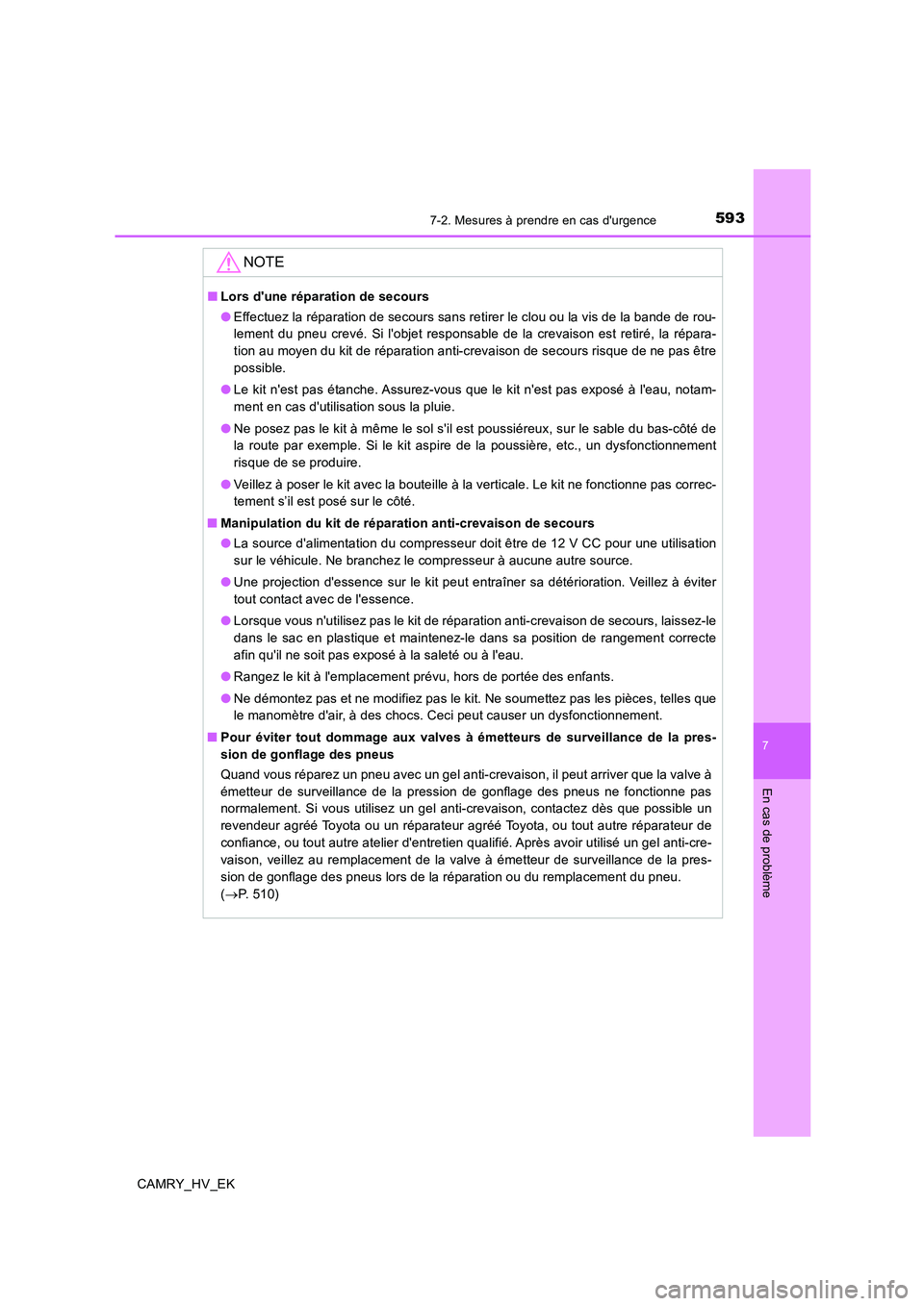 TOYOTA CAMRY 2019 Manuel du propriétaire (in French) 5937-2. Mesures à prendre en cas durgence
7
En cas de problème
CAMRY_HV_EK
NOTE
■Lors dune réparation de secours
●Effectuez la réparation de secours sans retirer le clou ou la vis de la band TOYOTA CAMRY 2019 Manuel du propriétaire (in French) 5937-2. Mesures à prendre en cas durgence
7
En cas de problème
CAMRY_HV_EK
NOTE
■Lors dune réparation de secours
●Effectuez la réparation de secours sans retirer le clou ou la vis de la band