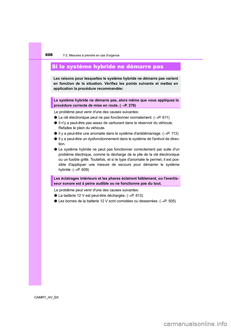 TOYOTA CAMRY 2019 Manuel du propriétaire (in French) 6087-2. Mesures à prendre en cas durgence
CAMRY_HV_EK
Le problème peut venir dune des causes suivantes:
●La clé électronique peut ne pas fonctionner normalement. (→P. 6 1 1 )
●Il ny a pe TOYOTA CAMRY 2019 Manuel du propriétaire (in French) 6087-2. Mesures à prendre en cas durgence
CAMRY_HV_EK
Le problème peut venir dune des causes suivantes:
●La clé électronique peut ne pas fonctionner normalement. (→P. 6 1 1 )
●Il ny a pe