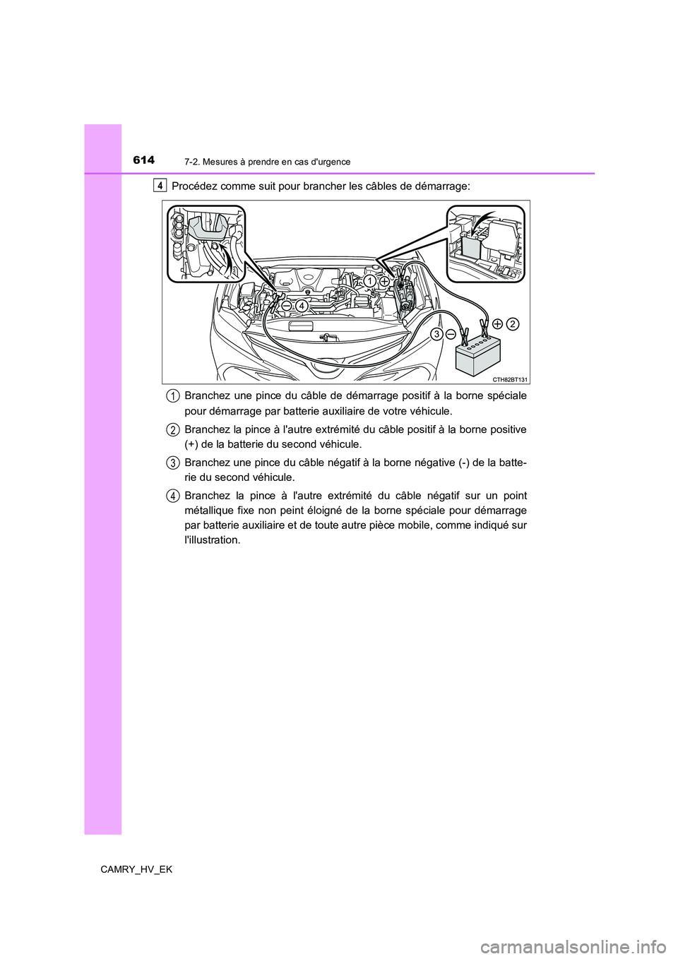 TOYOTA CAMRY 2019  Manuel du propriétaire (in French) 6147-2. Mesures à prendre en cas durgence
CAMRY_HV_EK
Procédez comme suit pour brancher les câbles de démarrage:
Branchez une pince du câble de démarrage positif à la borne spéciale
pour dém